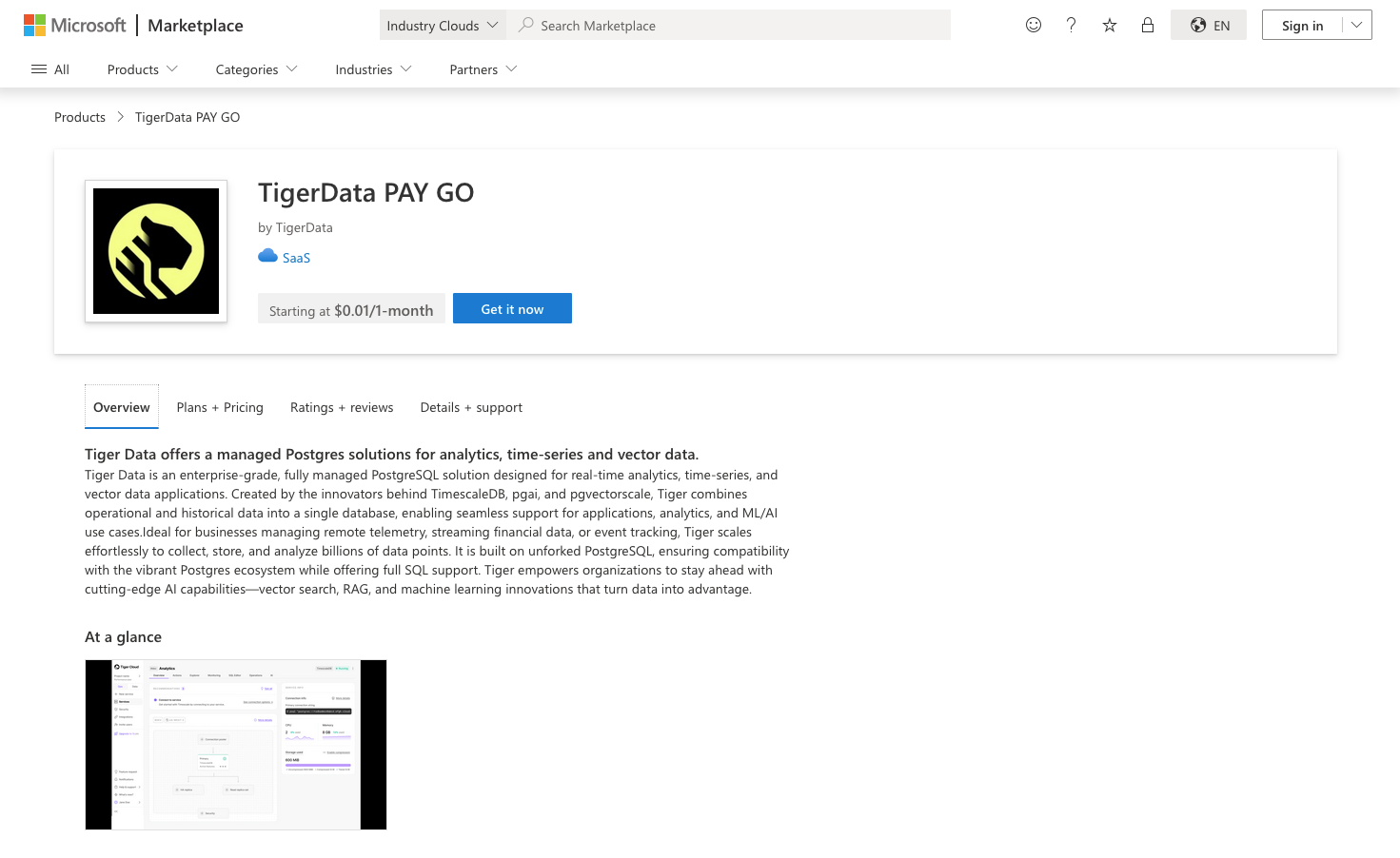 Azure marketplace Tiger Cloud entry