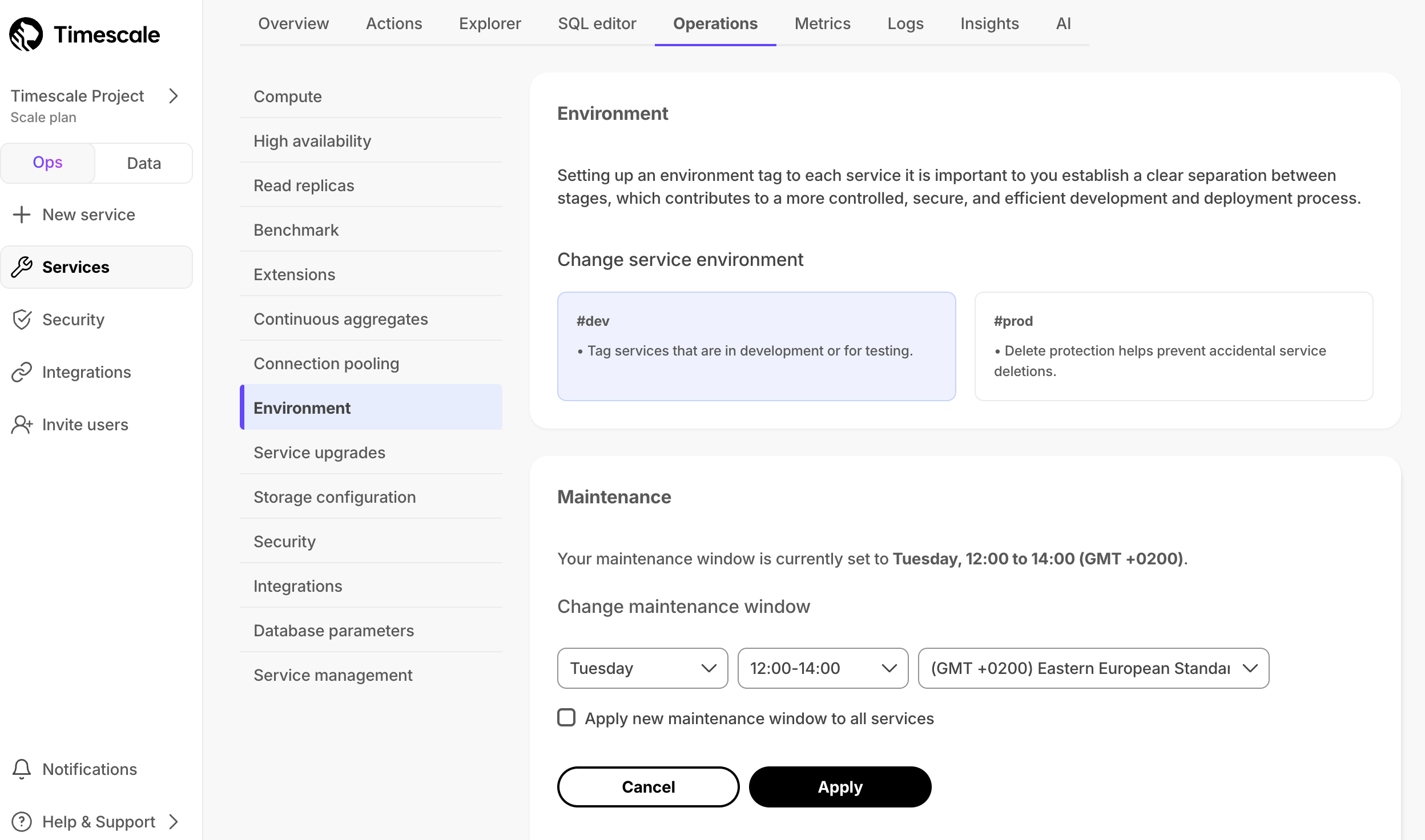 Timescale change maintenance window