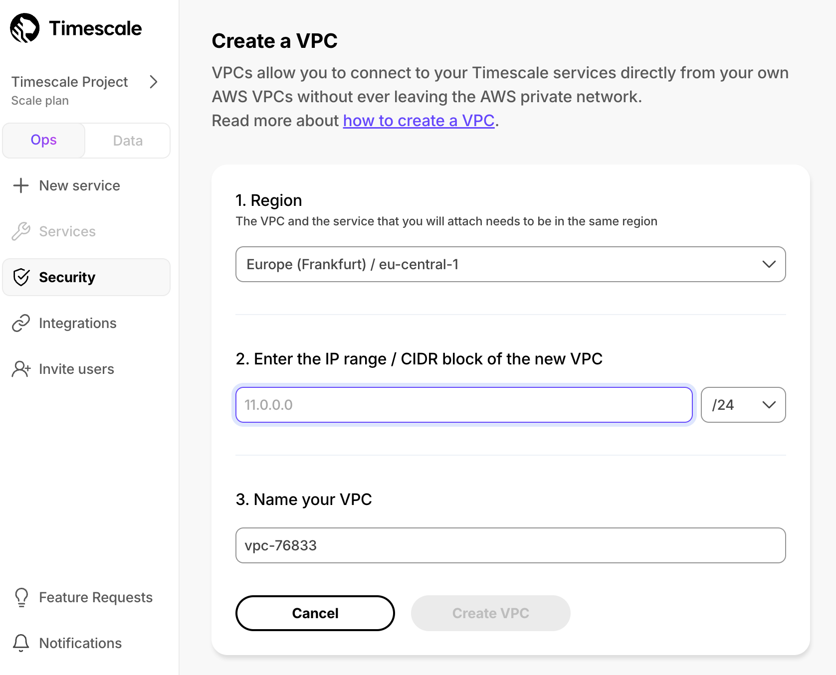 Create a new VPC in Timescale Cloud