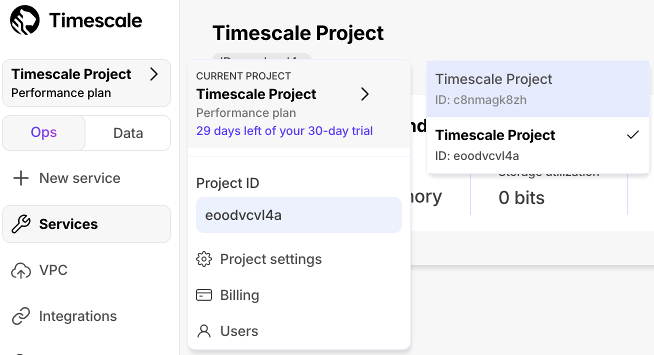 Change project in Timescale Console