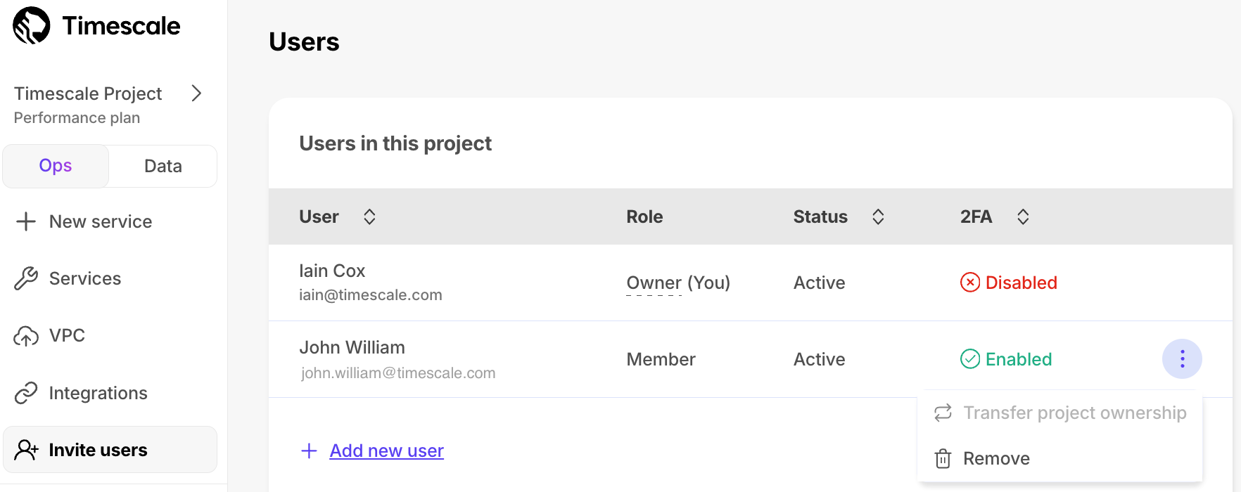 Transfer project ownership in Timescale Console