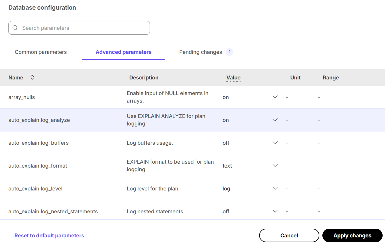 Database configuration advanced parameters