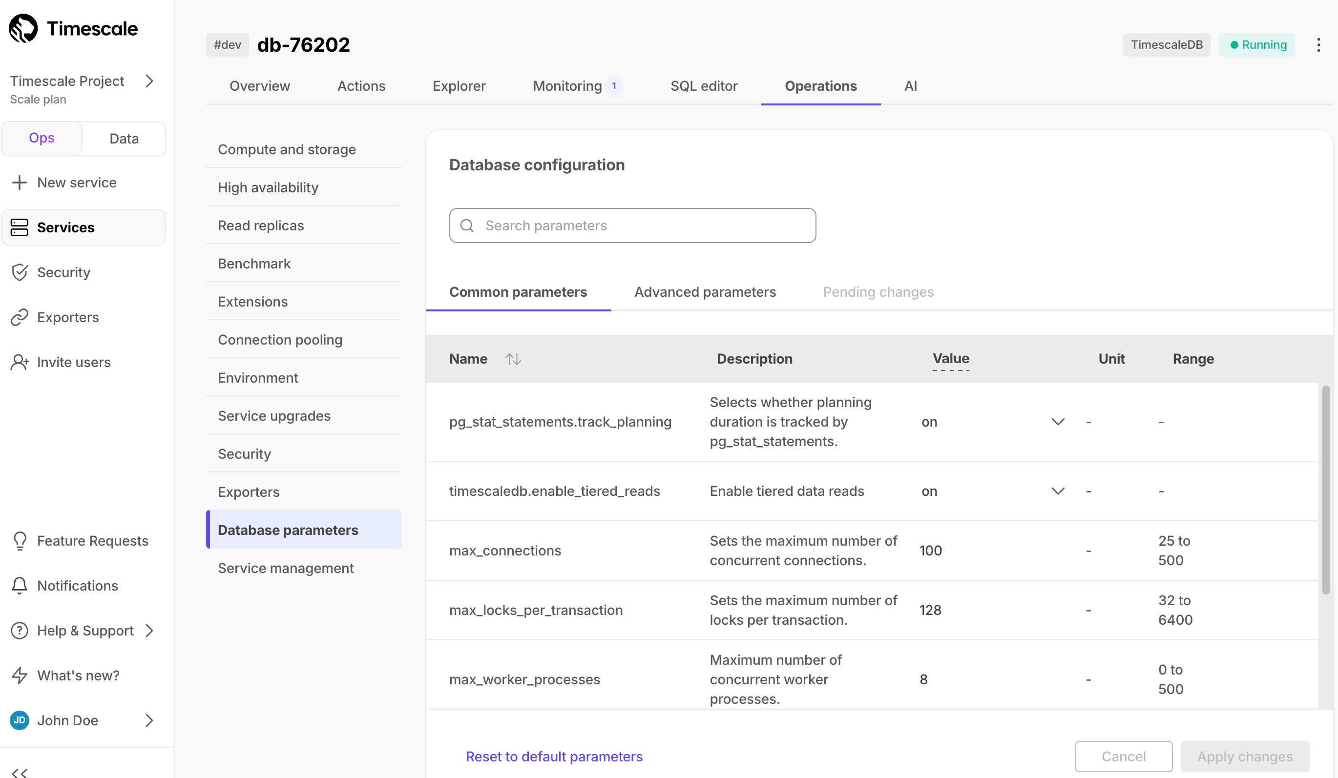 Database configuration parameters