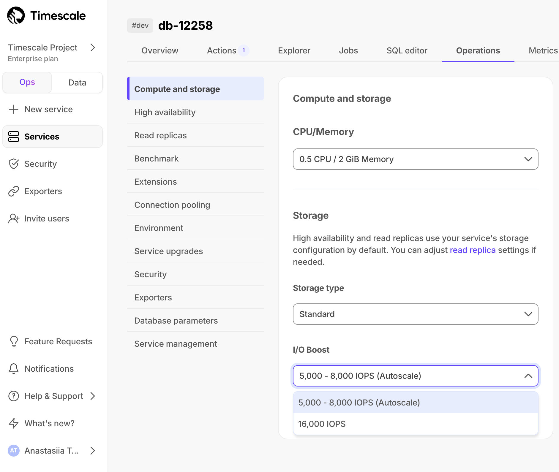 Default standard storage in Timescale Cloud