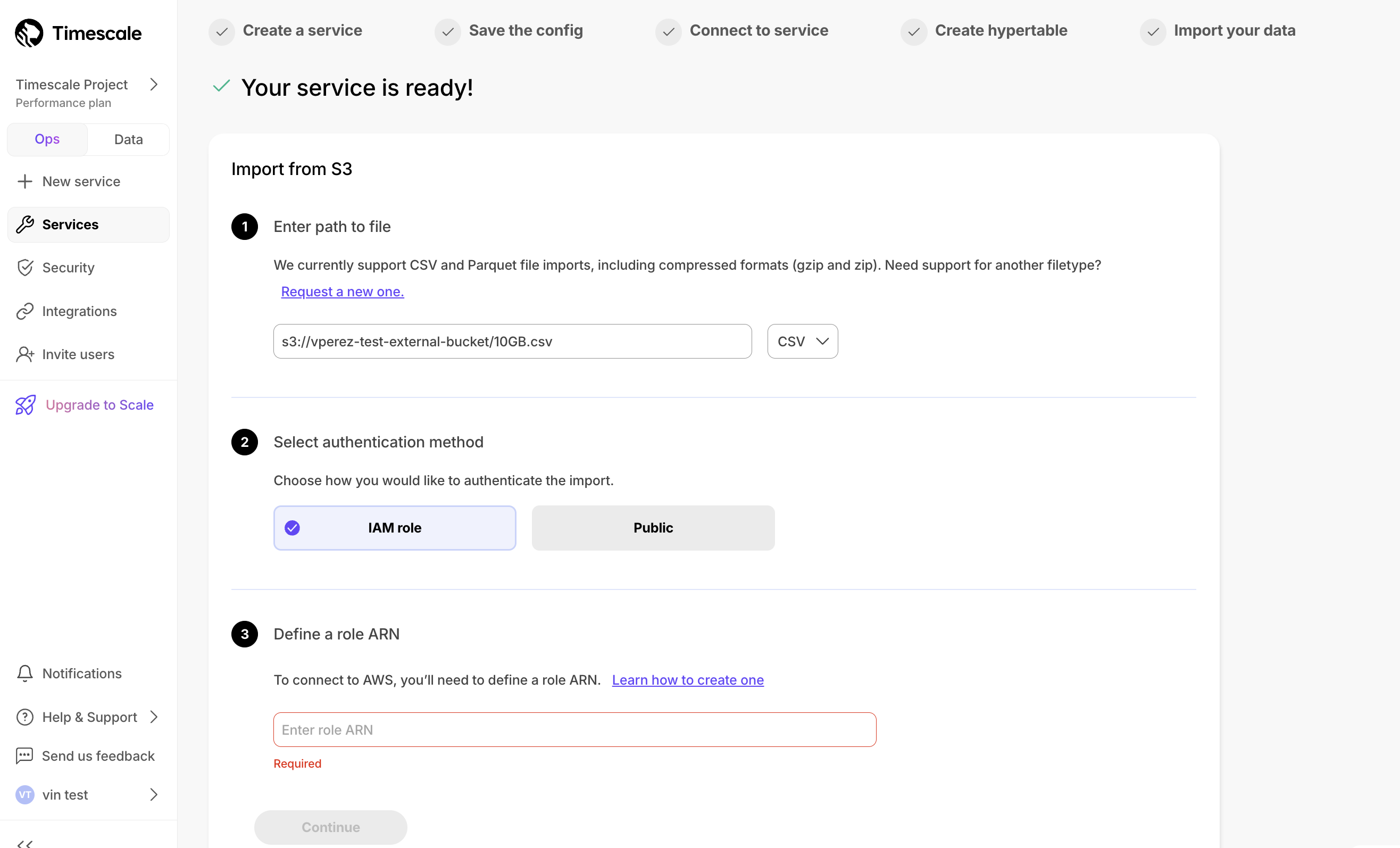 Import data into Timescale with S3 details