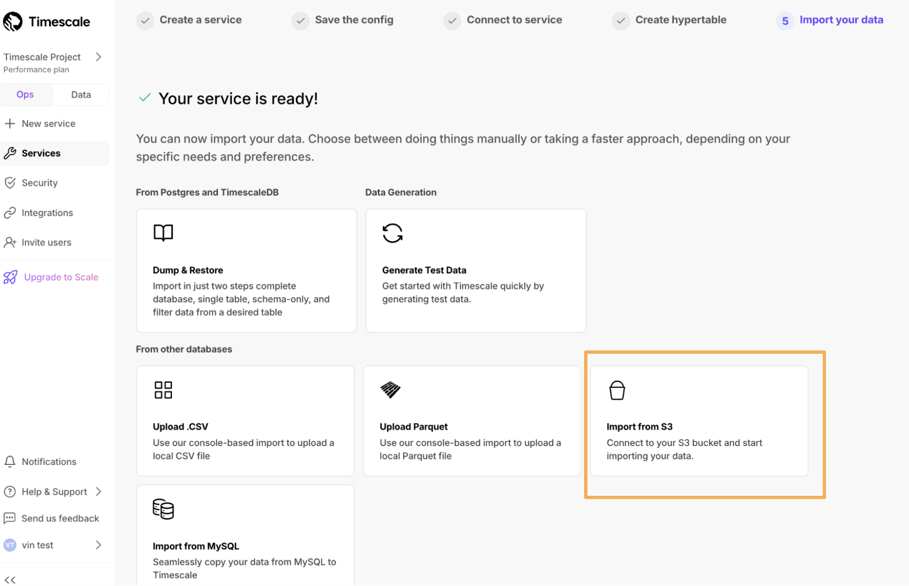 Import data into Timescale with S3