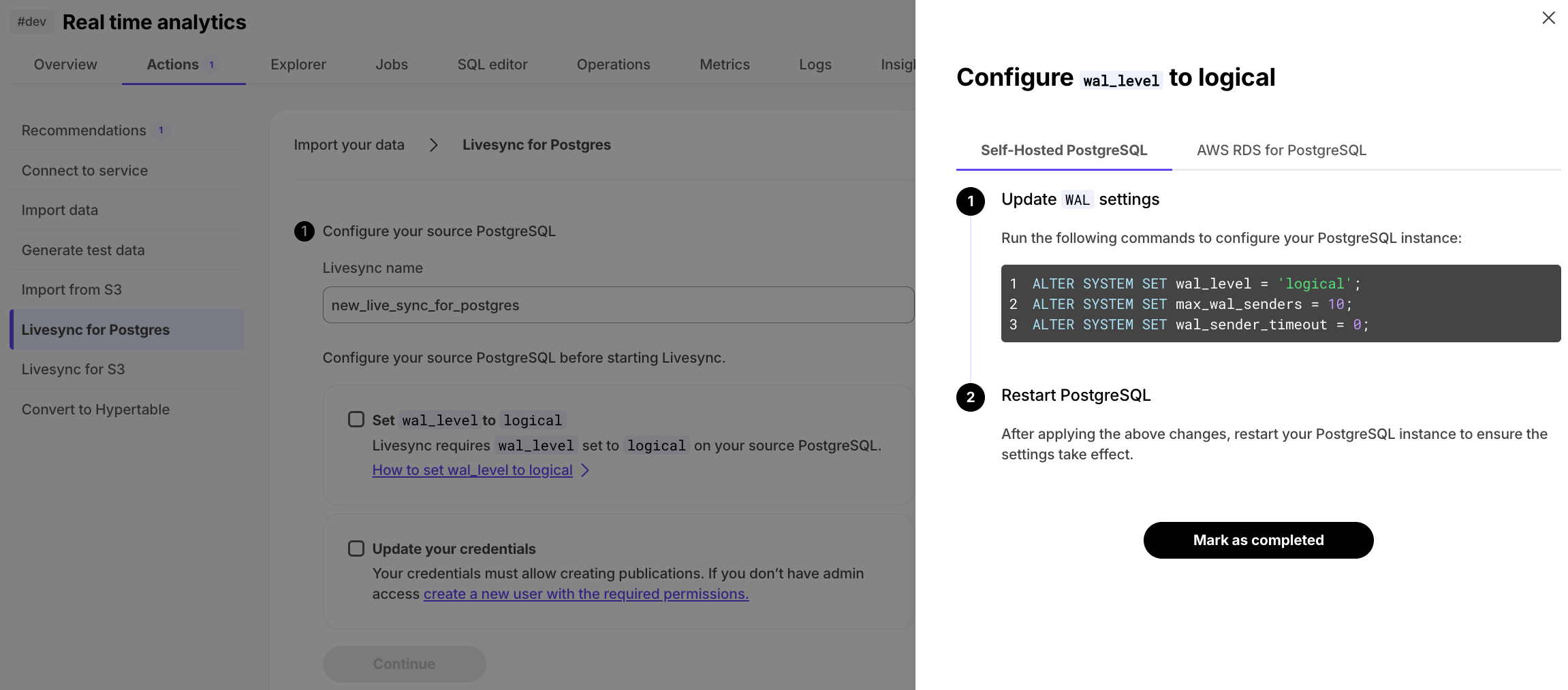 Timescale Console livesync PostgreSQL instructions