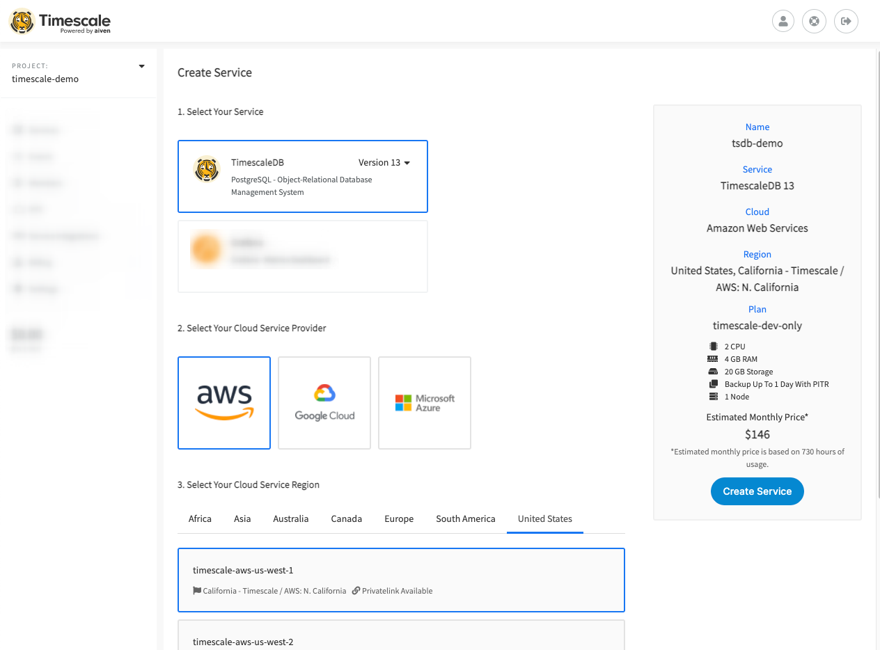 Create a new service in the Managed Service for TimescaleDB portal