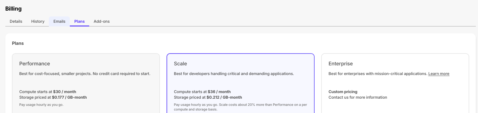 Pricing plans in the console