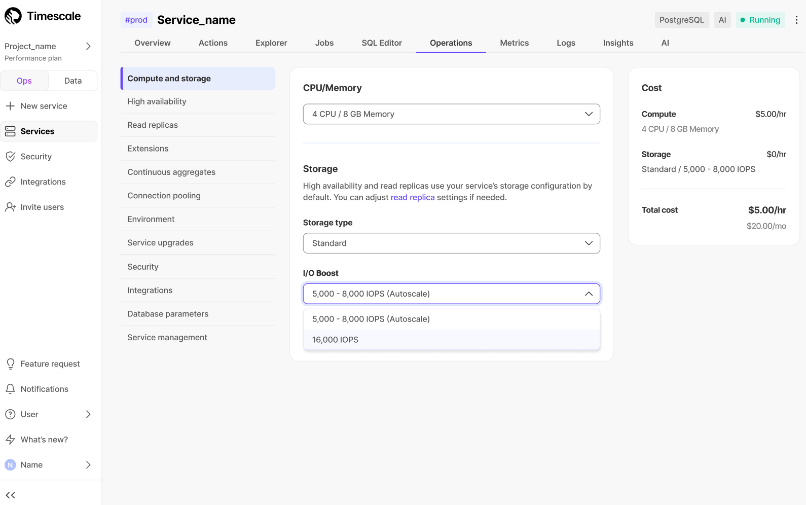 Default standard storage in Timescale Cloud