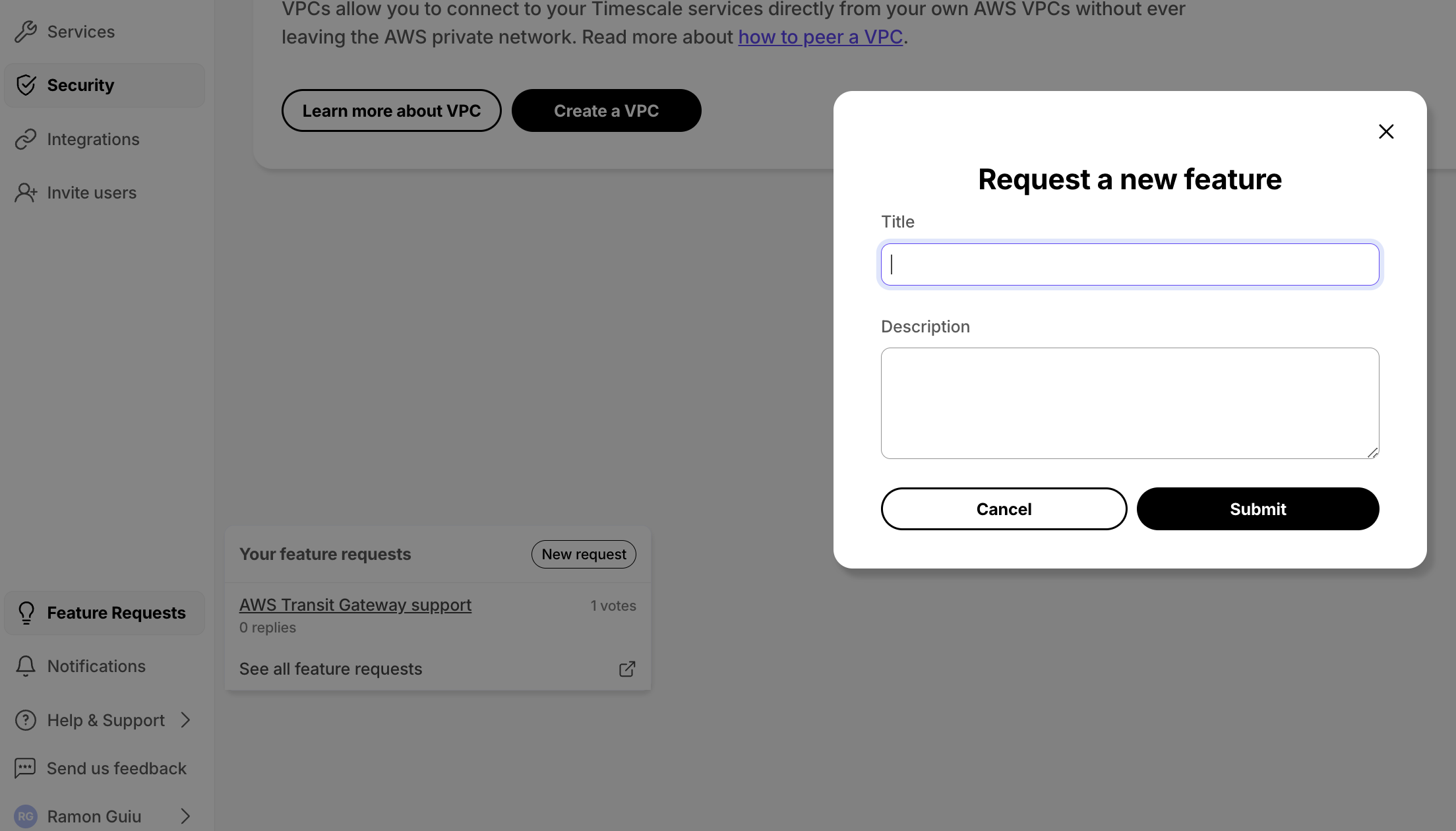 Submit a feature request in Timescale Console