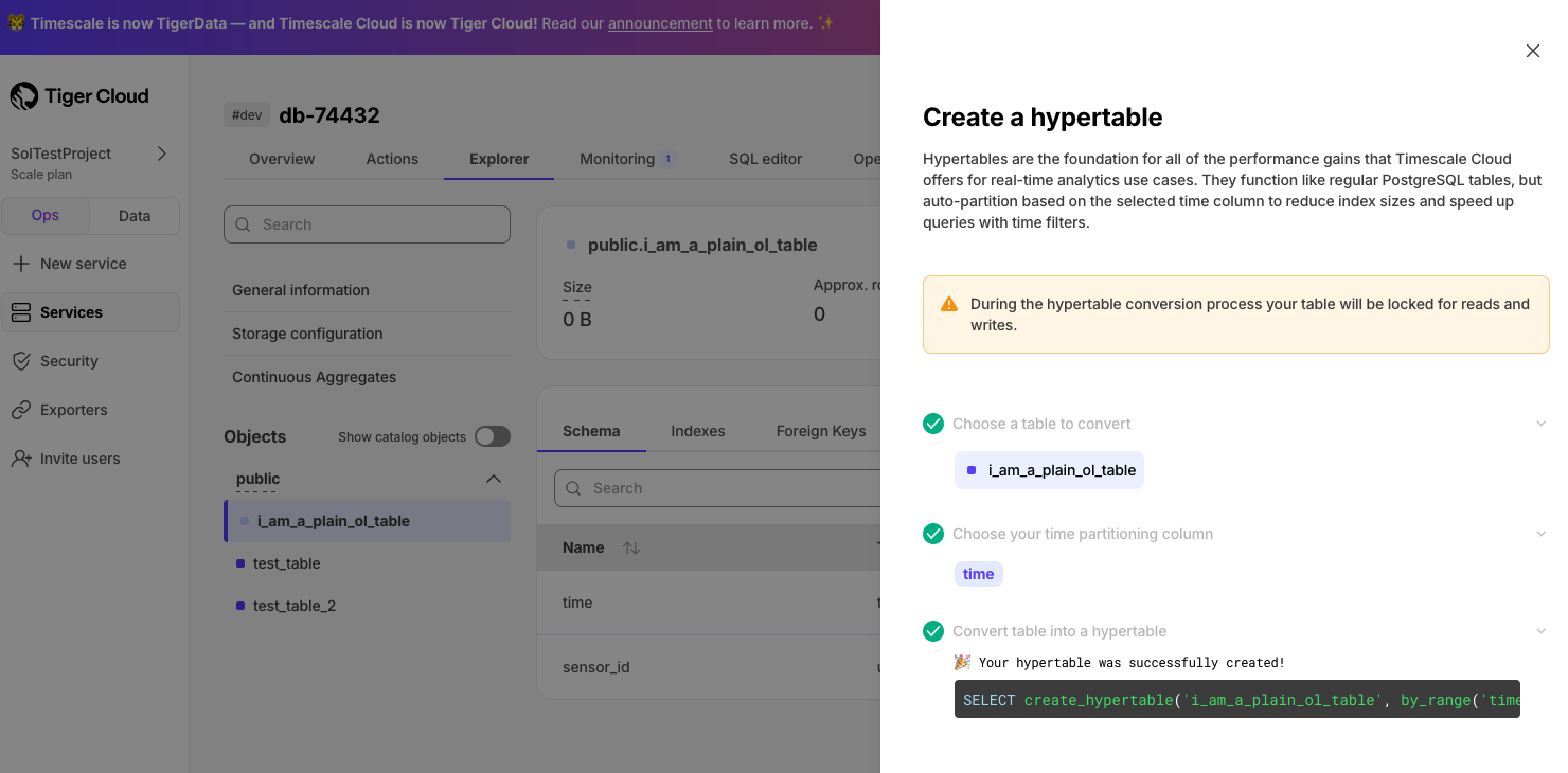 Transform a table to a hypertable