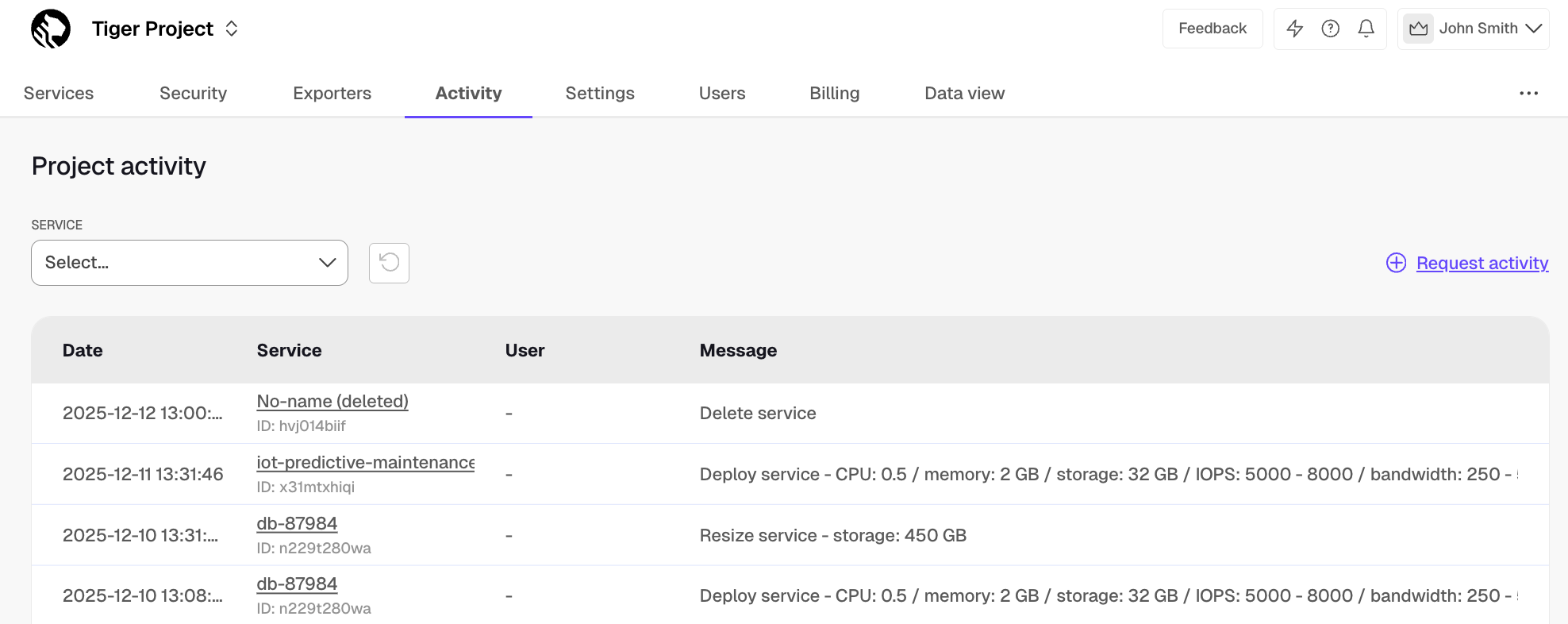 Activity log on Tiger Cloud