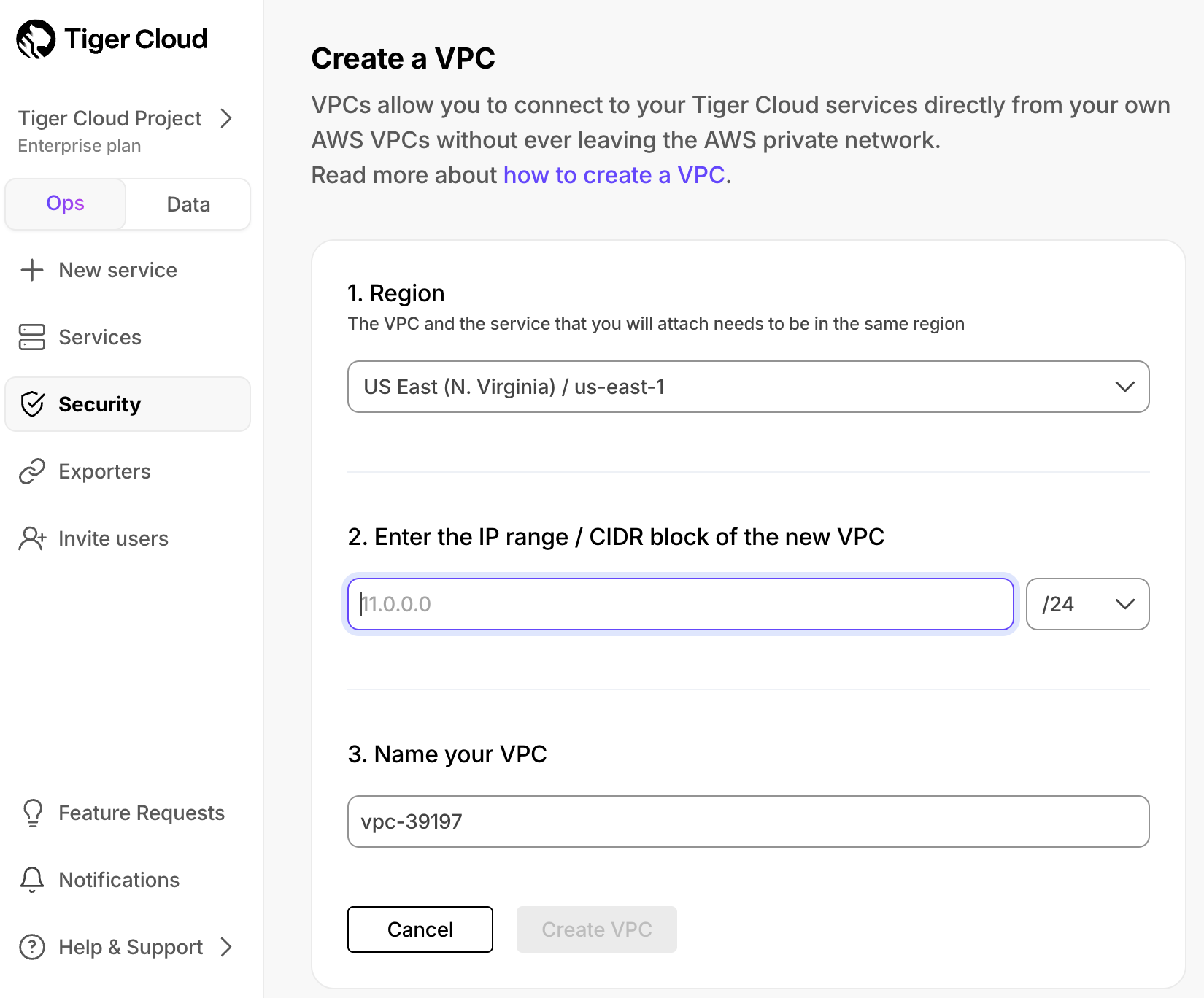 Create a new VPC in Tiger Cloud
