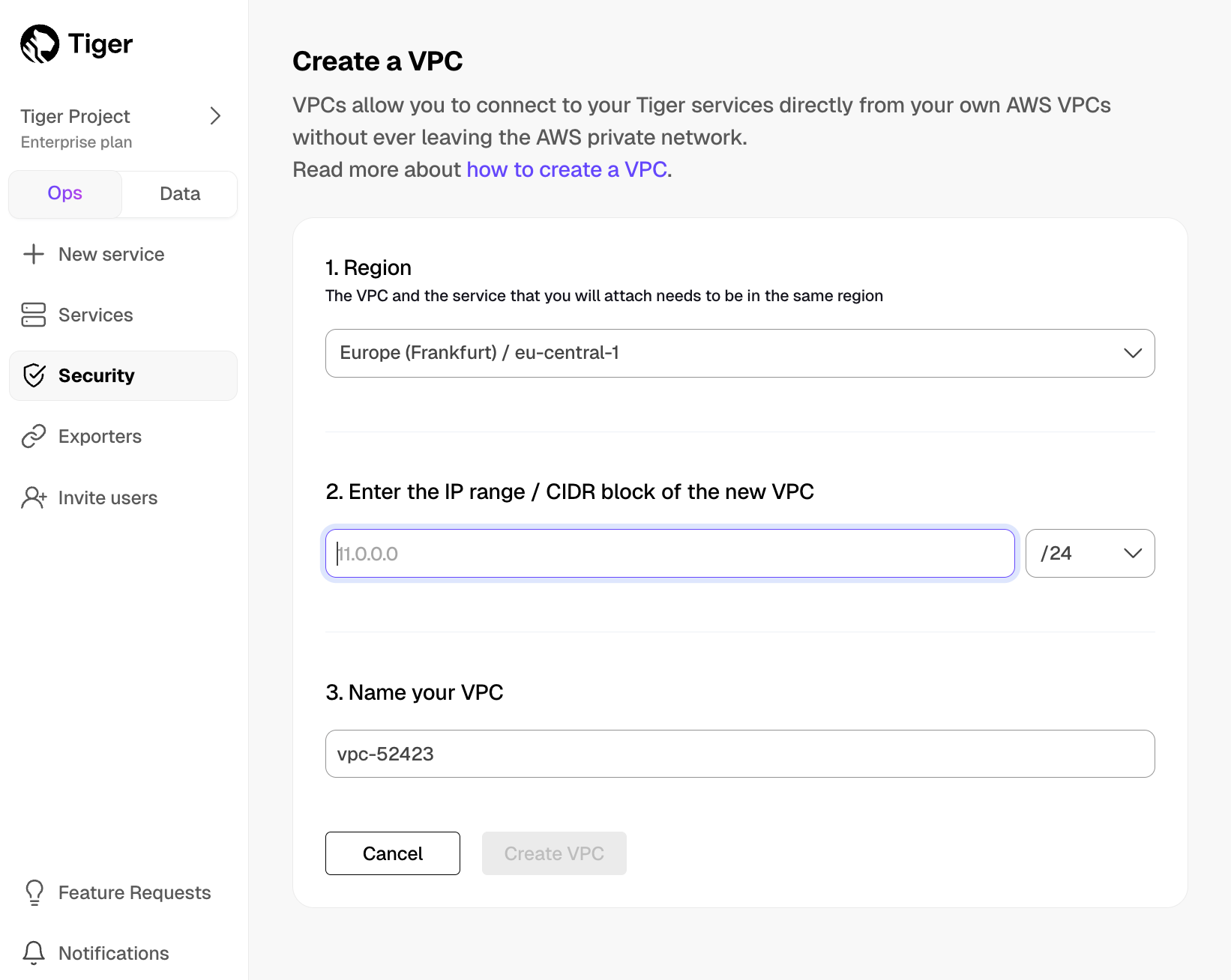 Create a new VPC in Tiger Cloud