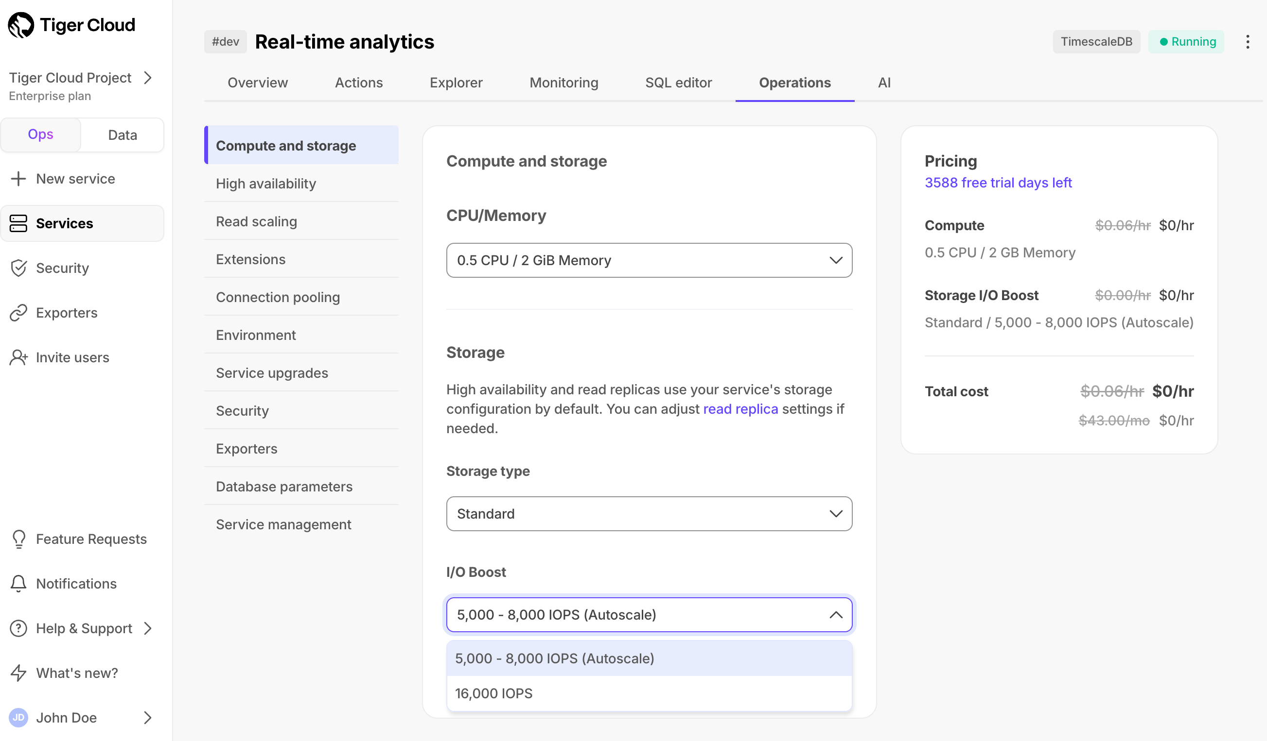 Default standard storage in Tiger Cloud
