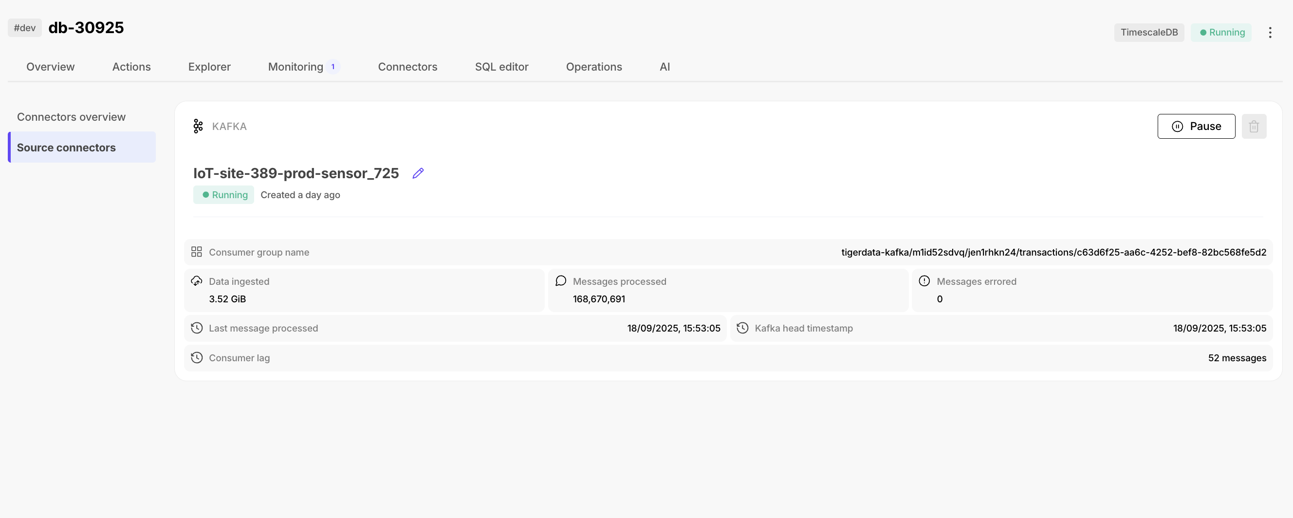 Kafka source connector streaming in Tiger Cloud