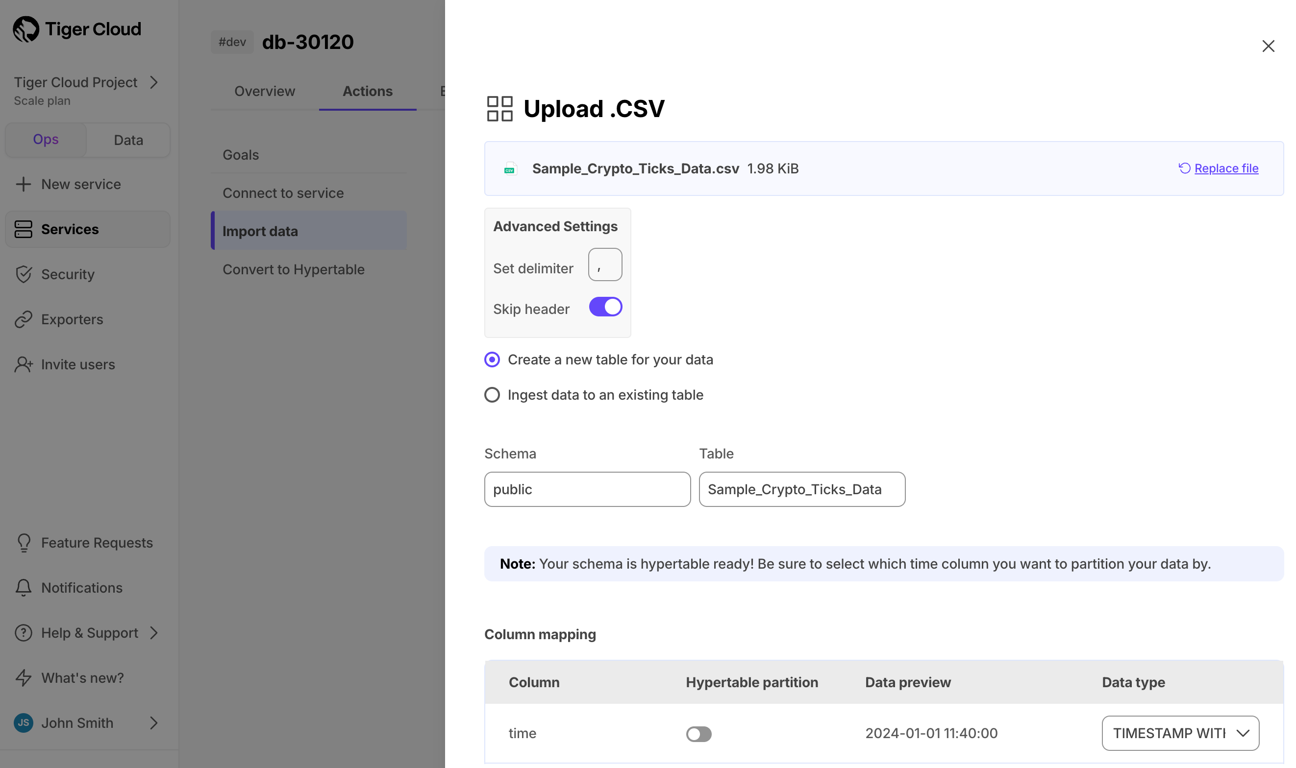 Configure the CSV import in Tiger Cloud