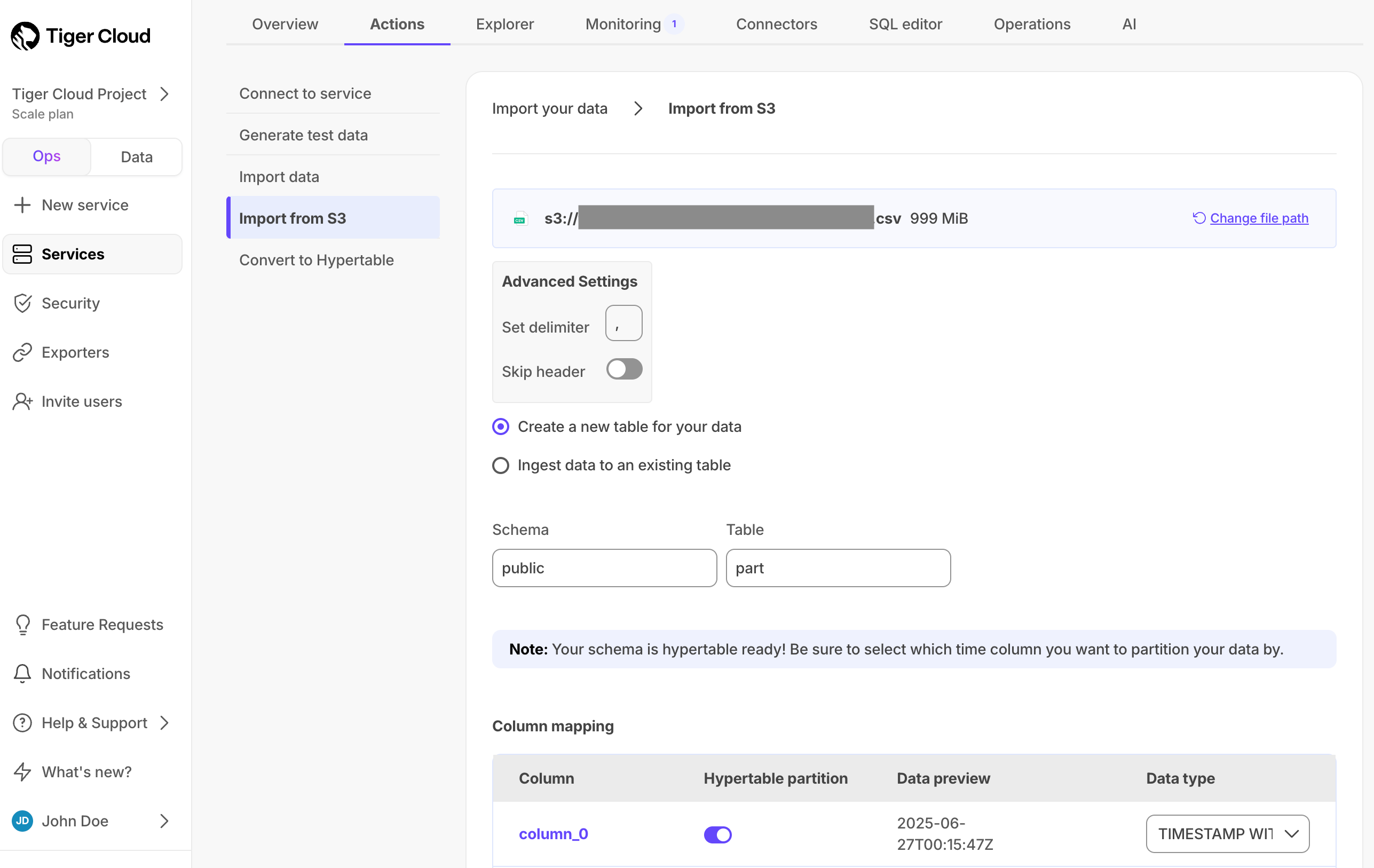 Configure CSV import from S3 in Tiger Cloud