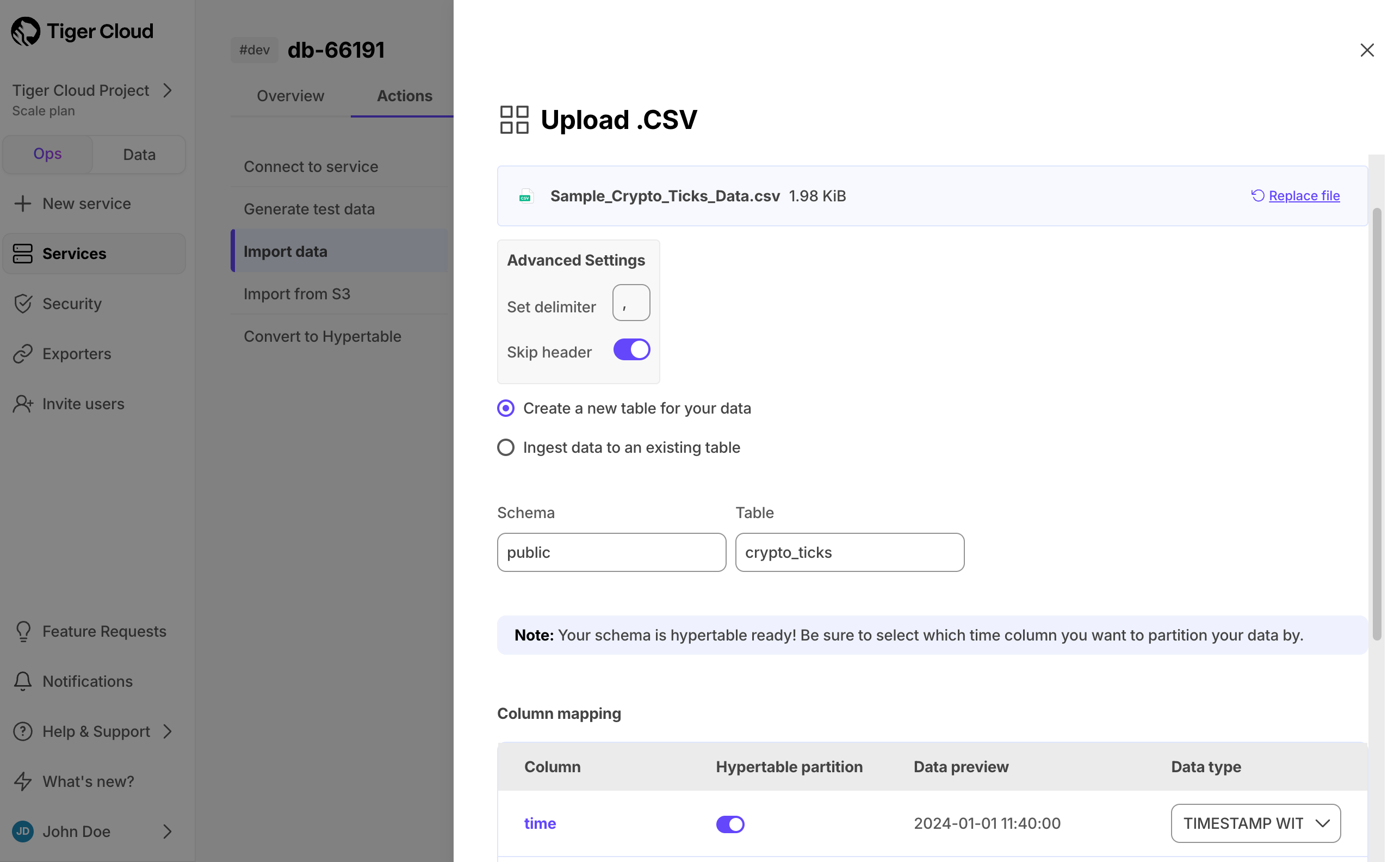 Configure the CSV import in Tiger Cloud