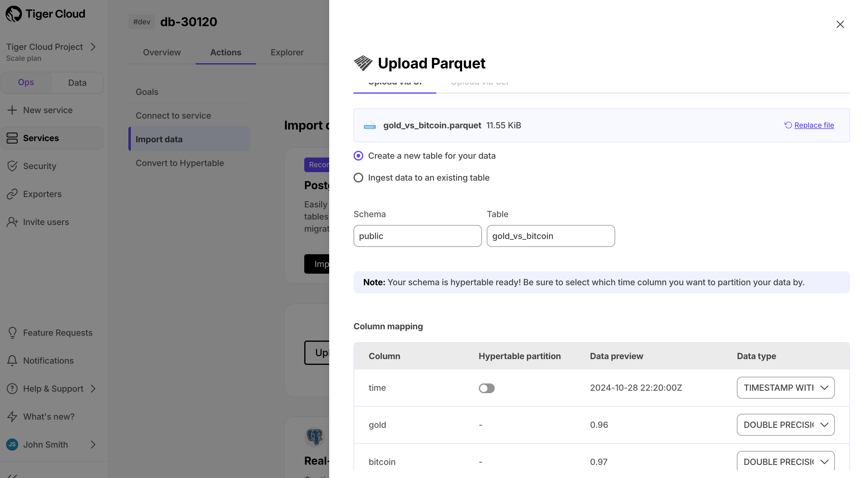 Configure the Parquet import in Tiger Cloud
