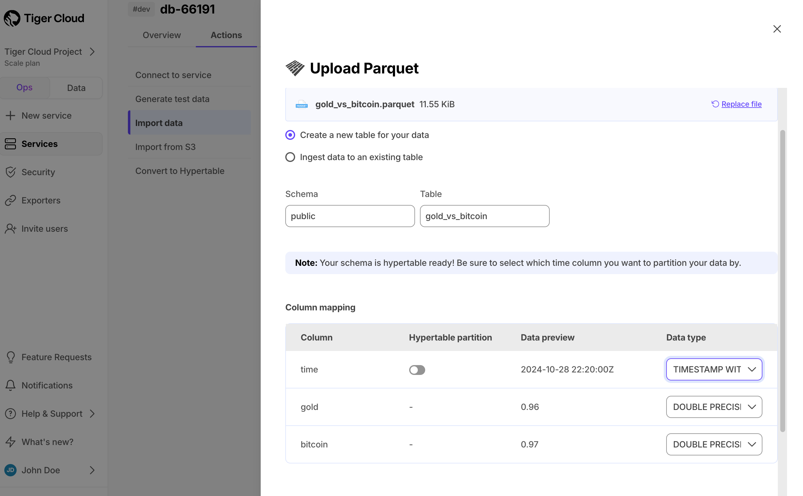 Configure the Parquet import in Tiger Cloud