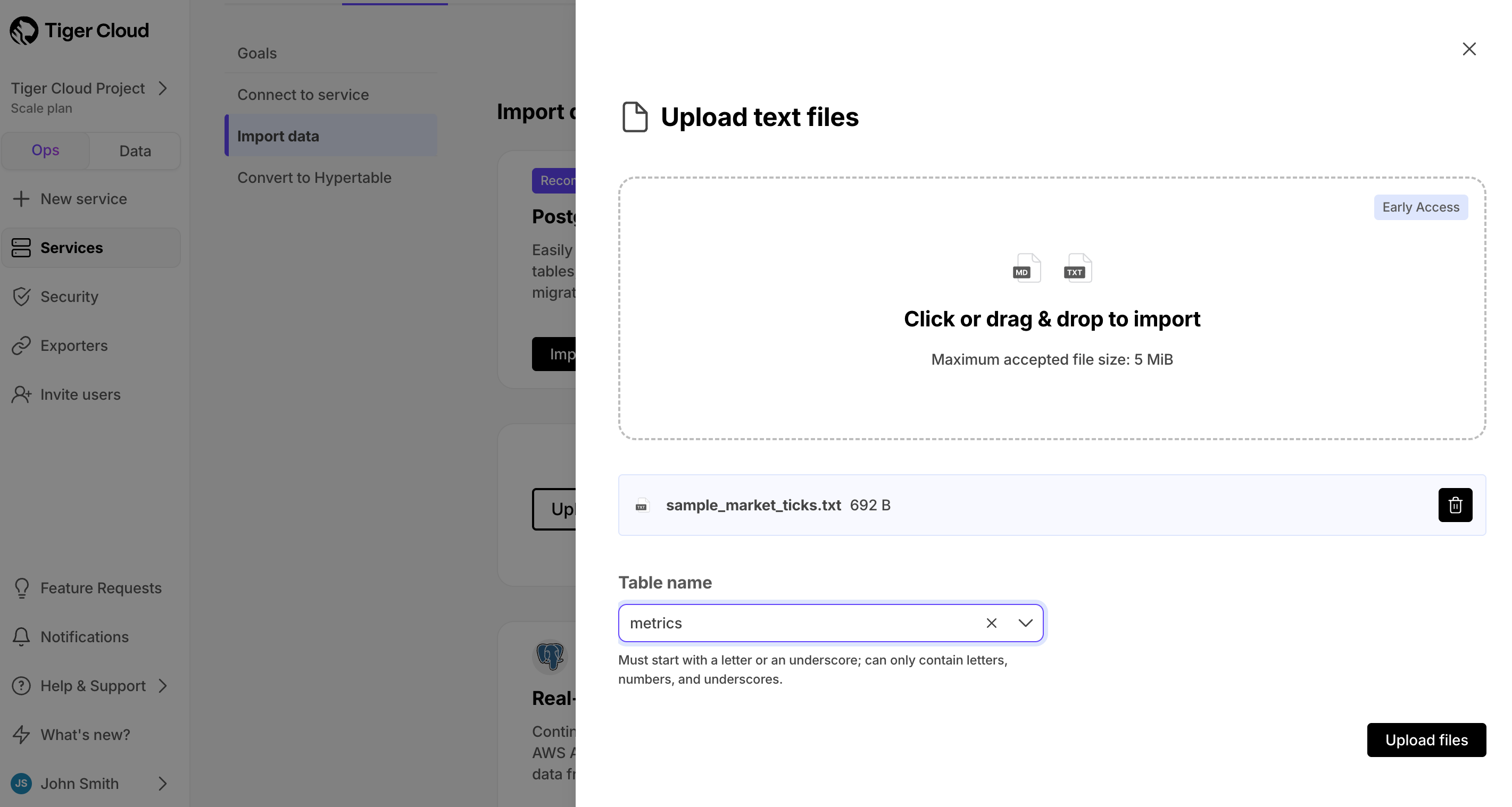 Configure the text file import in Tiger Cloud