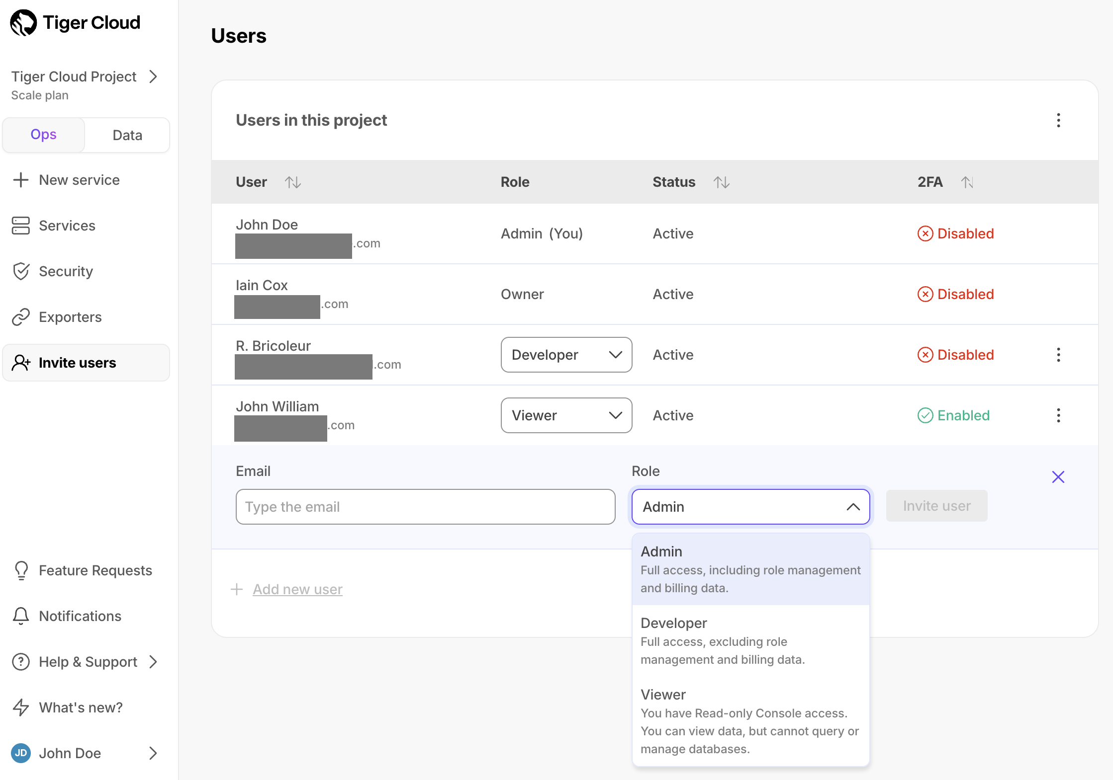 Send a user invitation in Tiger Cloud Console