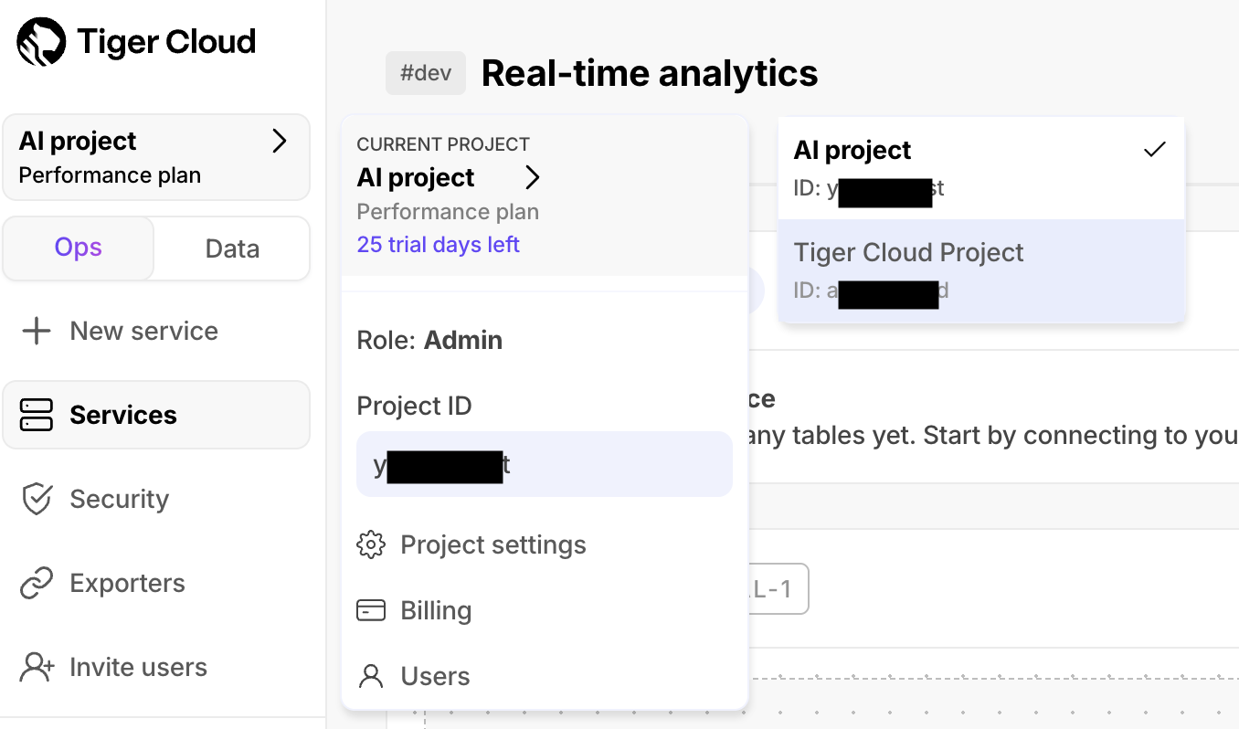 Change project in Tiger Cloud Console