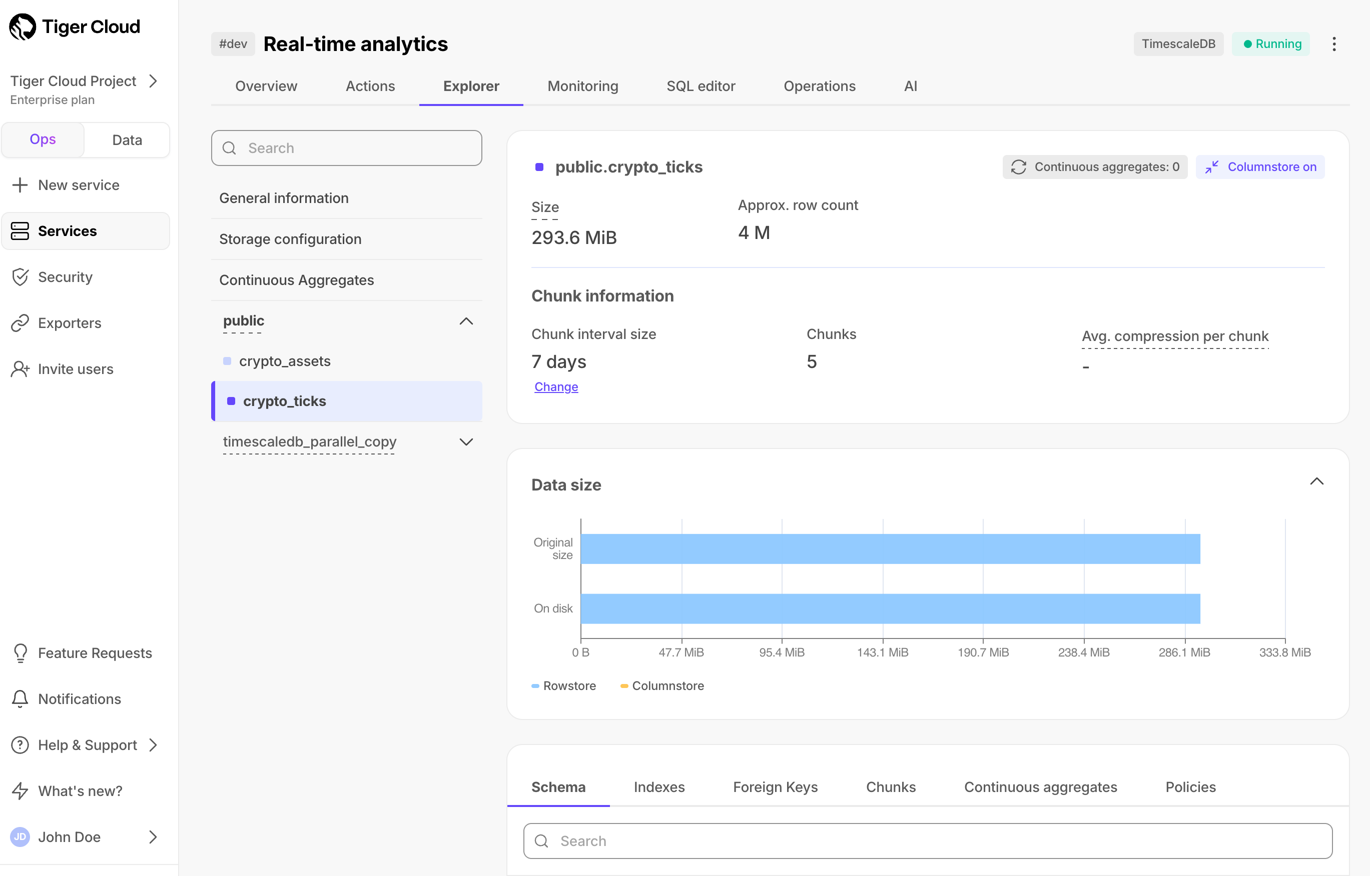 Service explorer tables