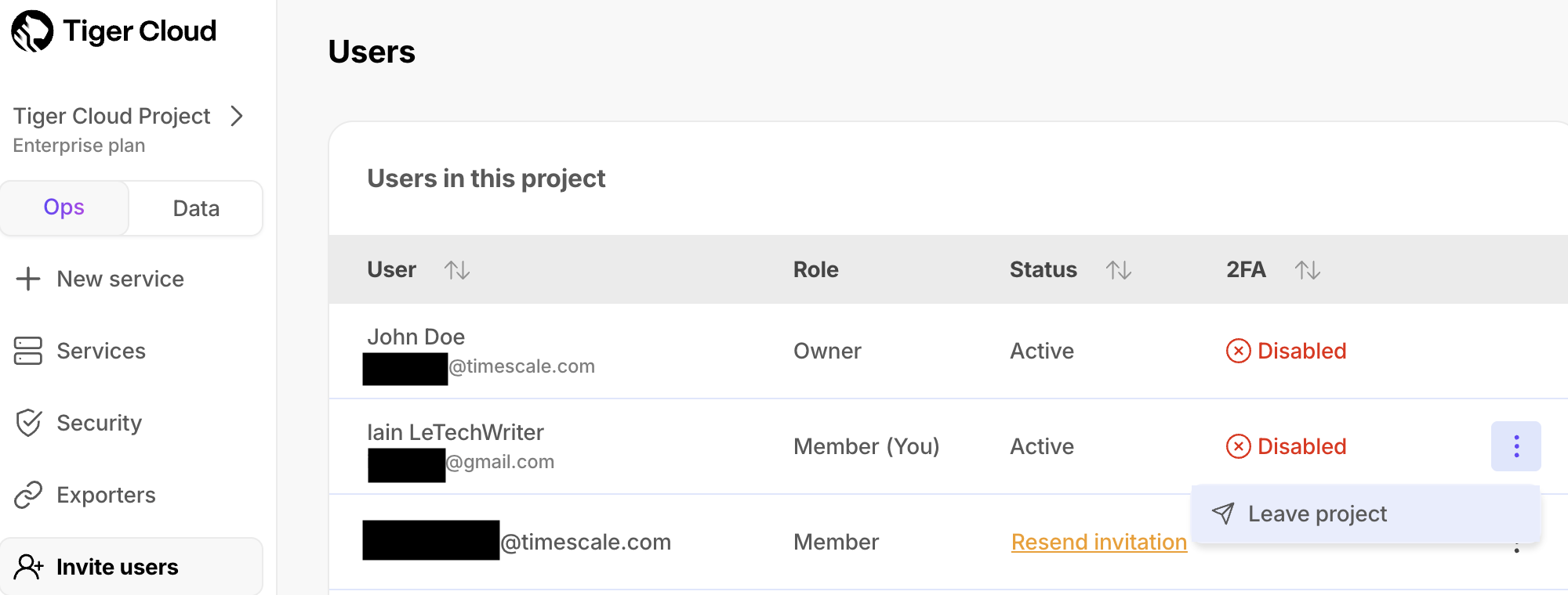 Leave a project in Tiger Cloud Console