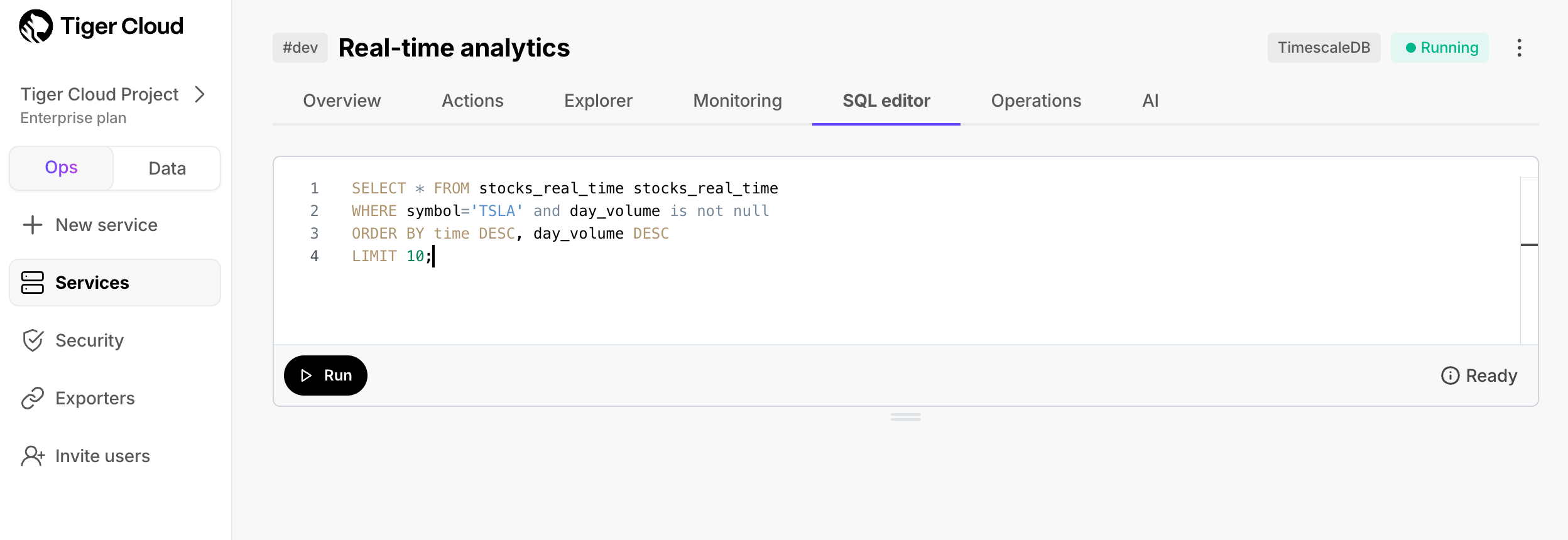 Tiger Cloud Console SQL editor