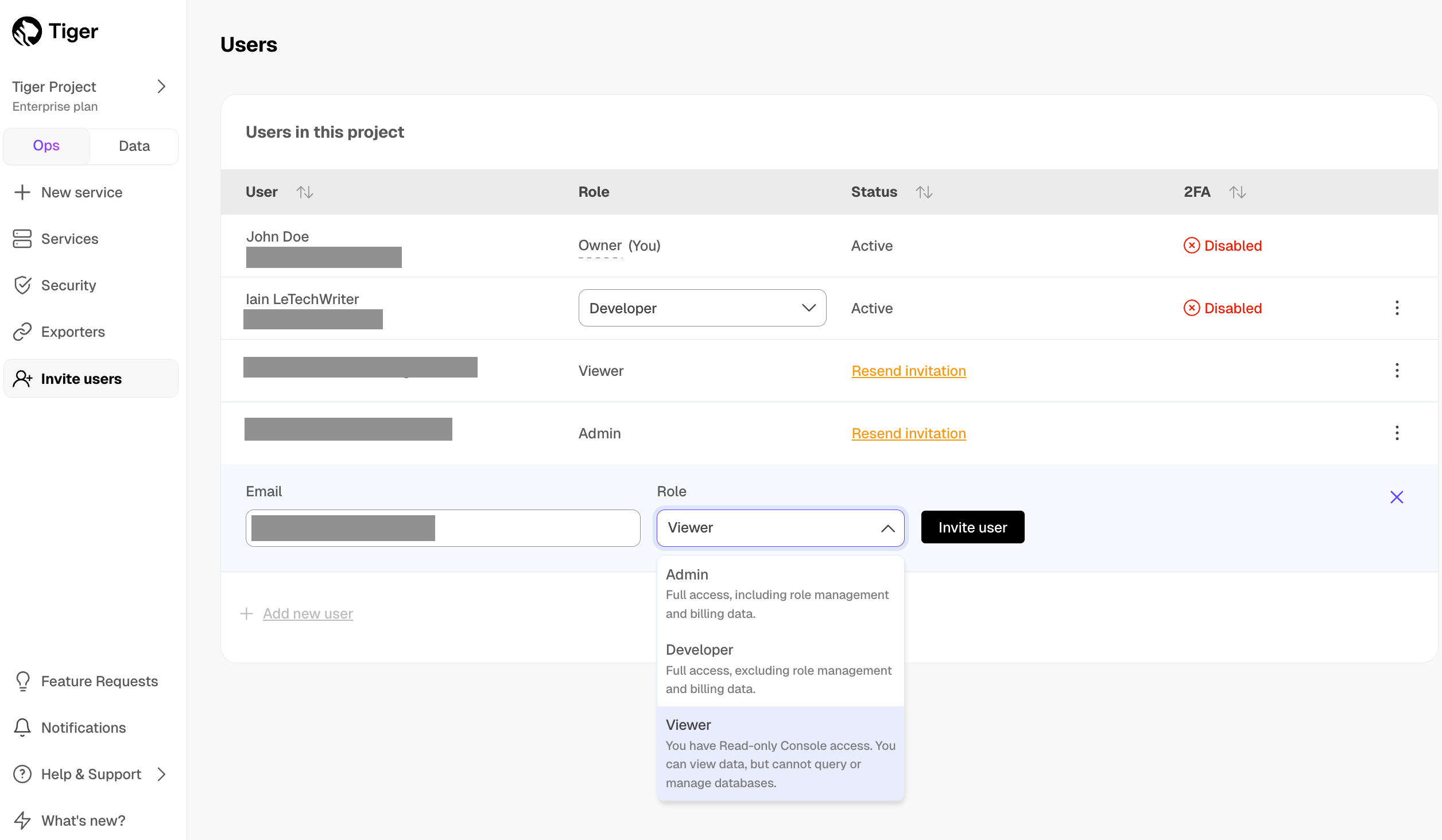 Send a user invitation in Tiger Console