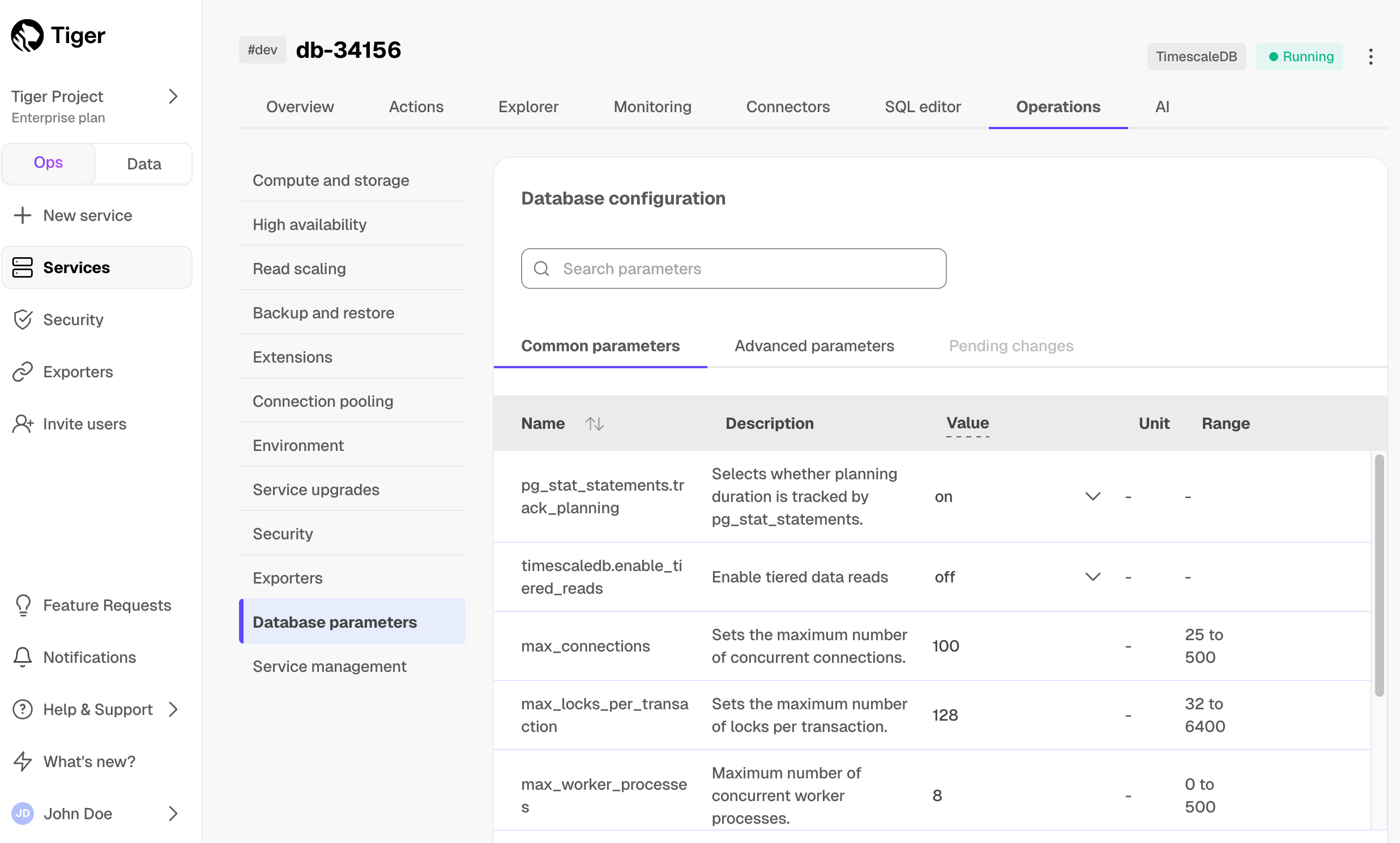 Database configuration parameters