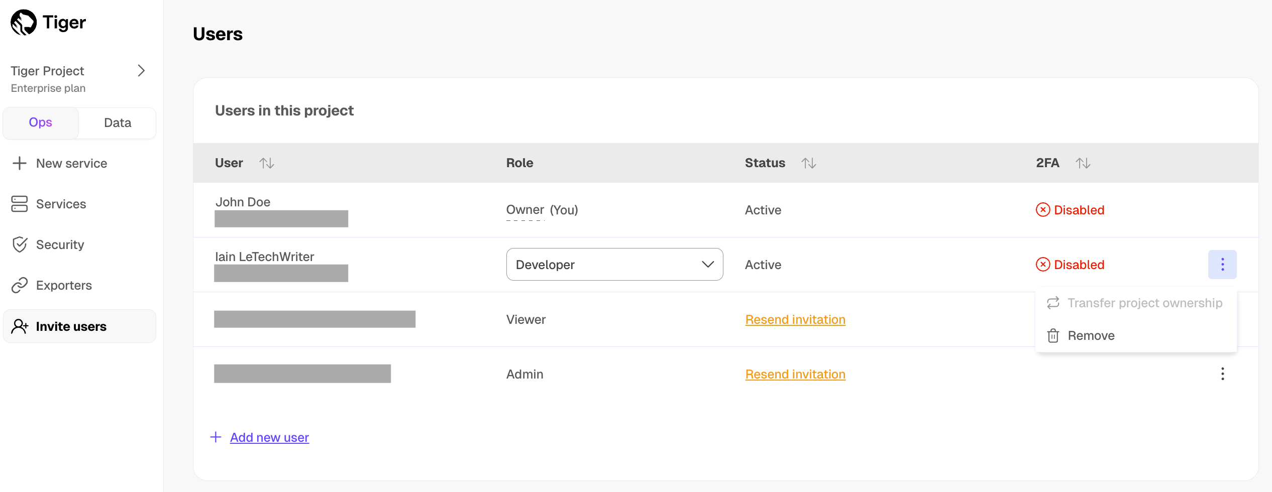 Transfer project ownership in Tiger Console