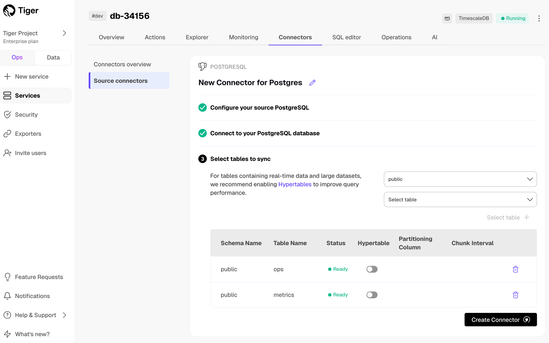 Postgres connector start