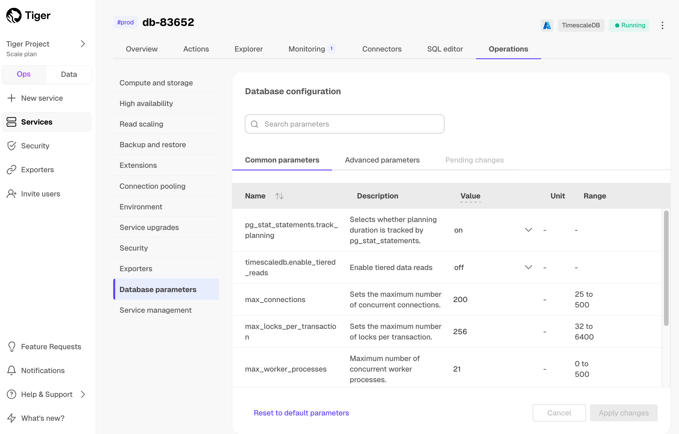 Database configuration parameters