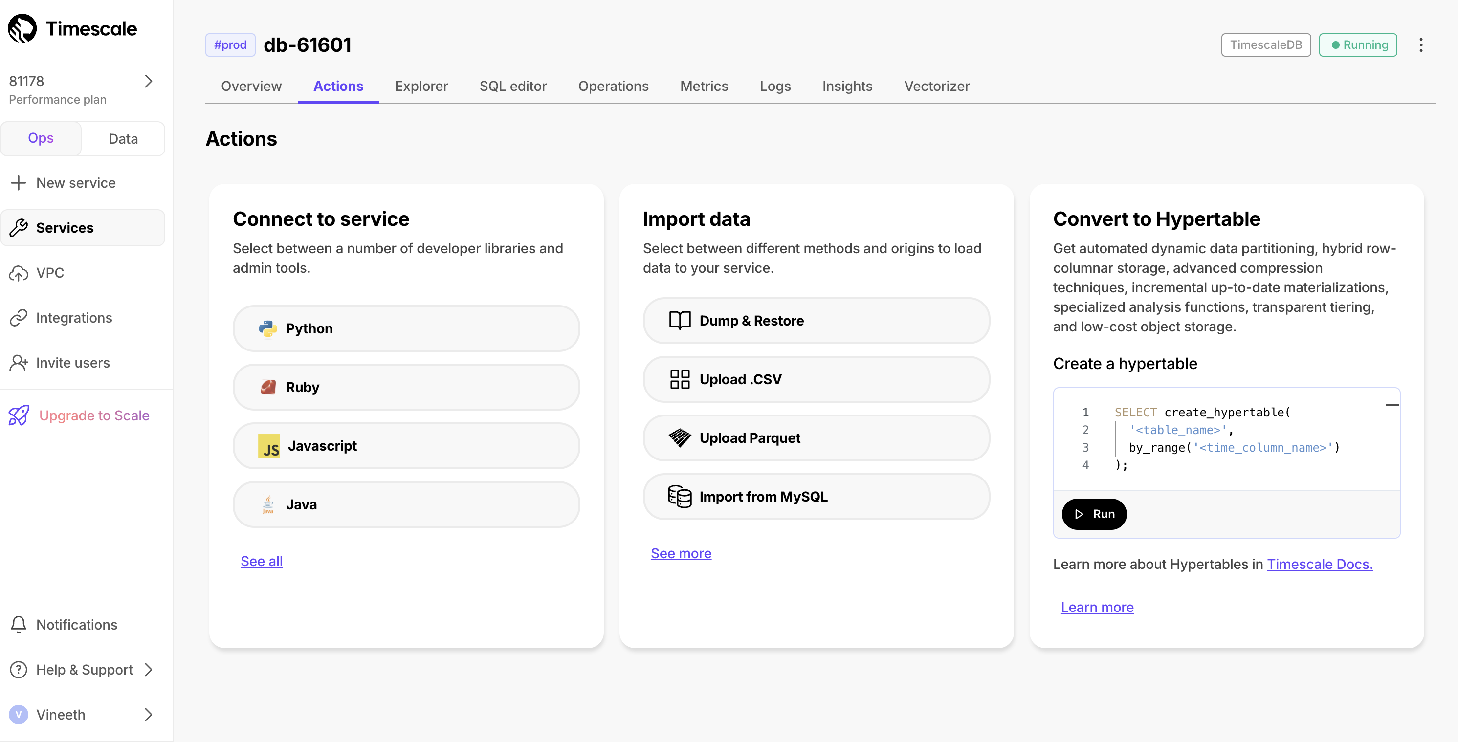 Timescale Console Actions tab