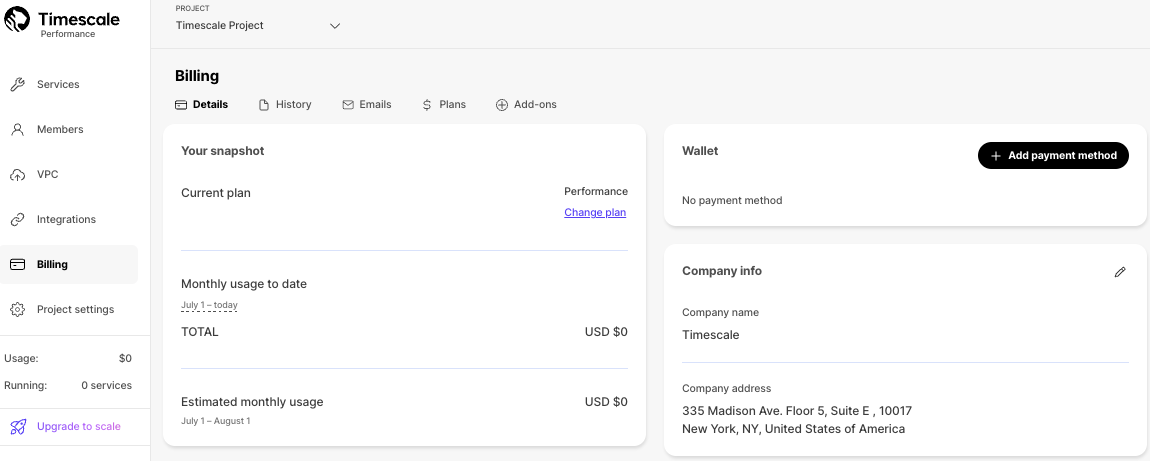 Adding a payment method in Timescale