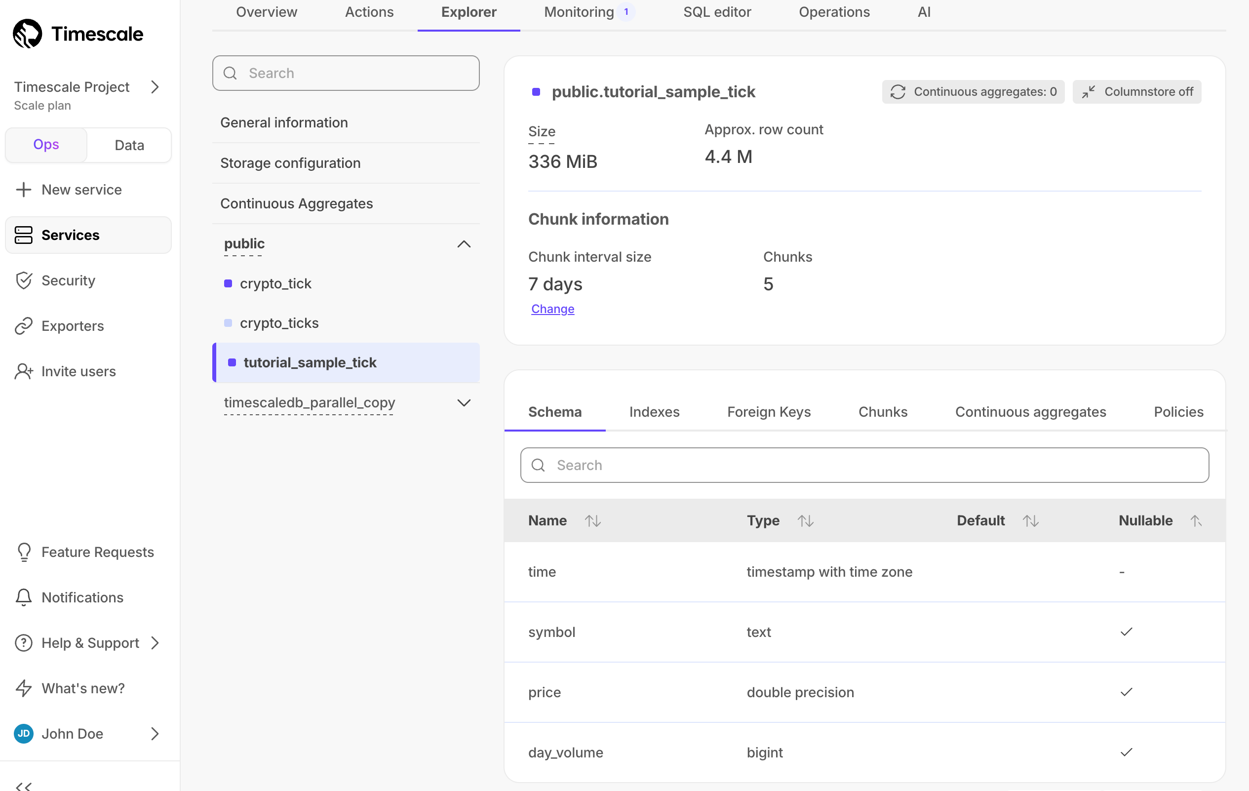 Service explorer tables