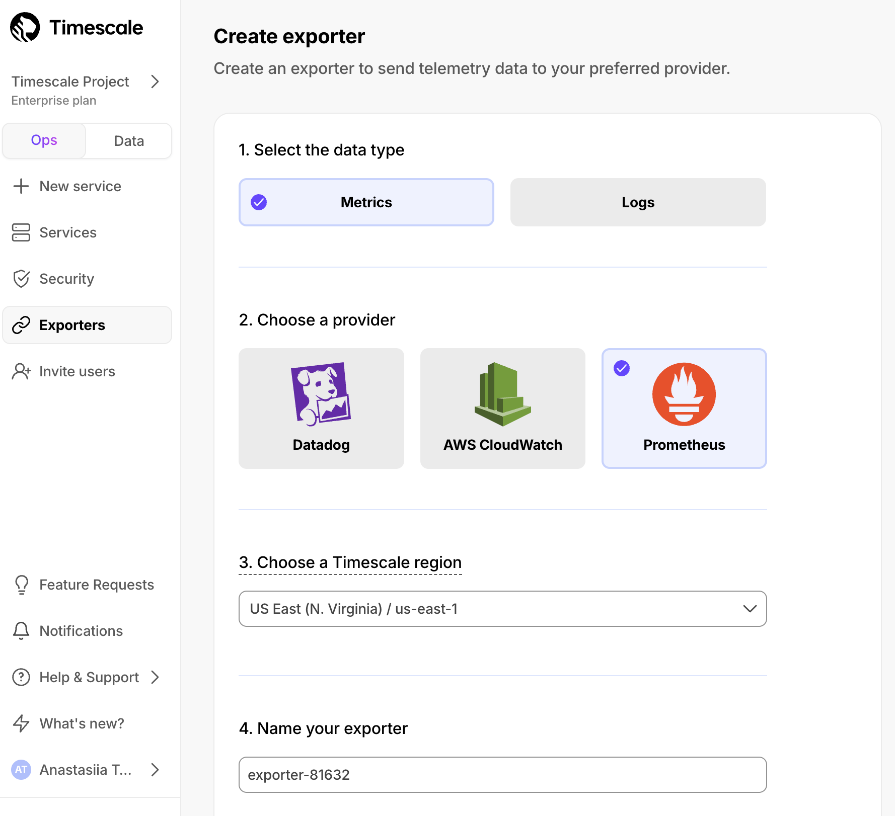 Prometheus export user interface