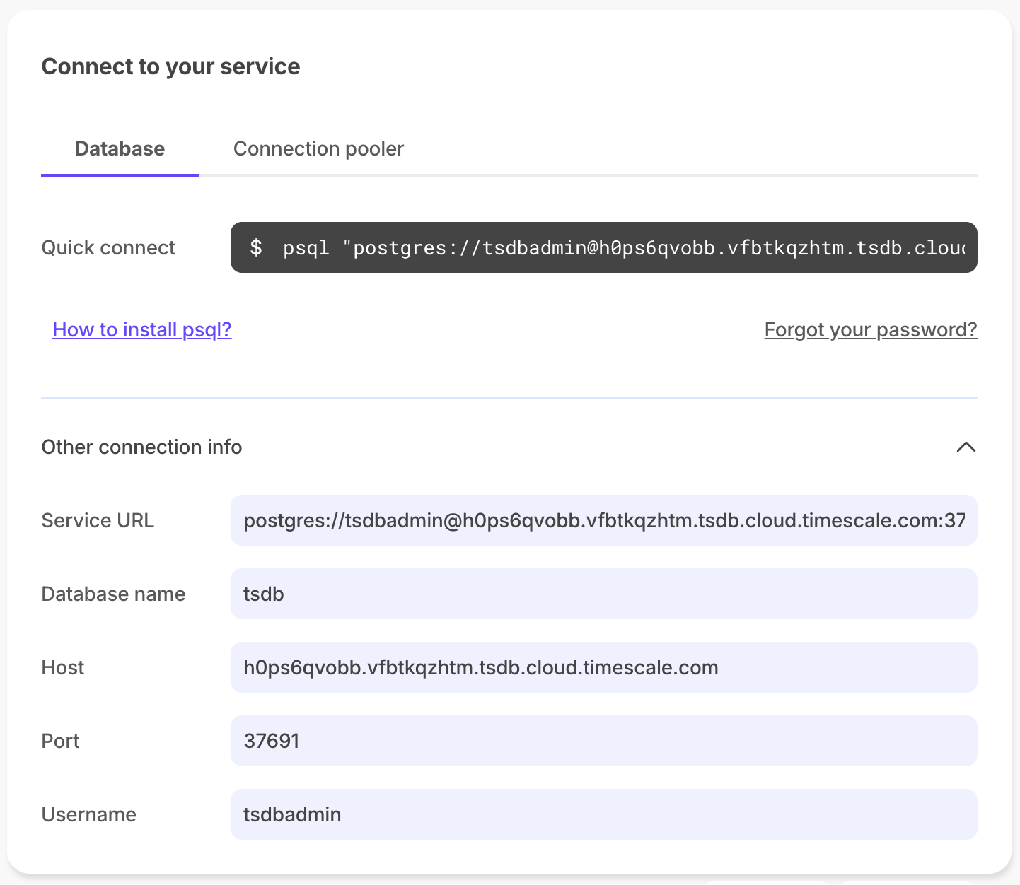 Timescale service connection details