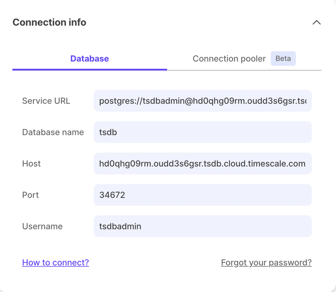 View Timescale connection info