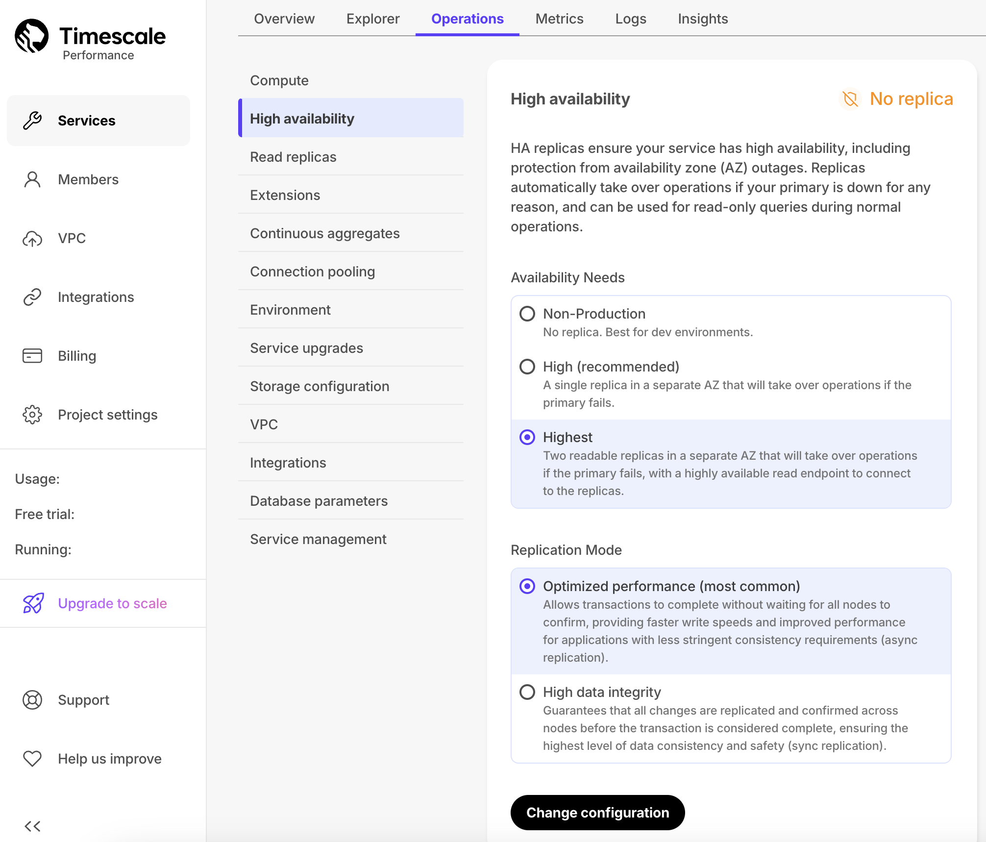 Creating a service replica in Timescale Cloud