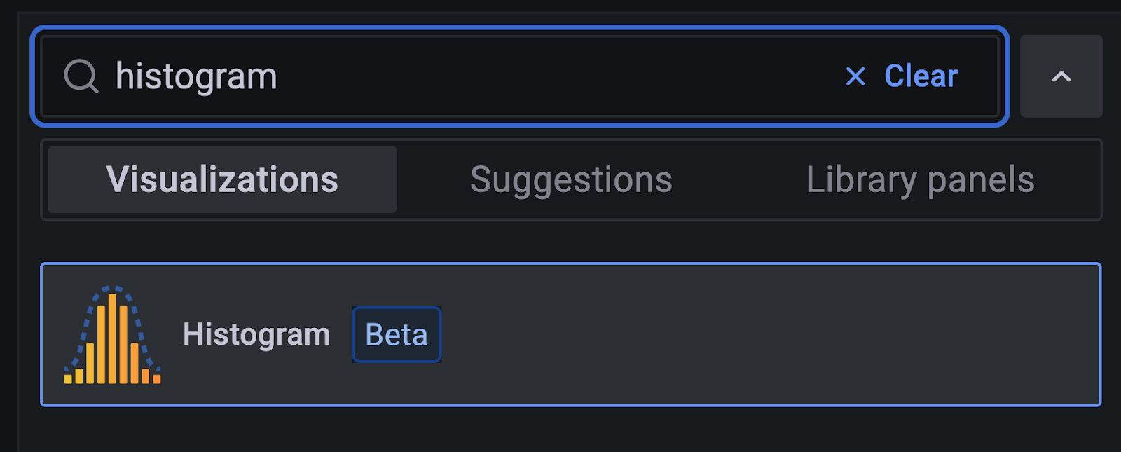 Screenshot of the Grafana dashboard. The 'Visualizations' tab is focused. Underneath, 'Histogram' shows as a visualization type.