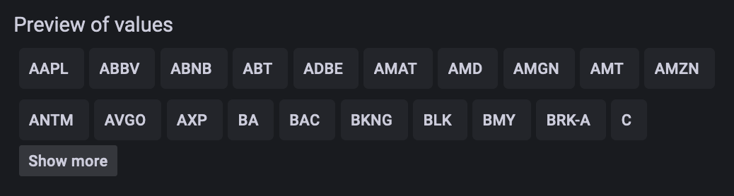 A screenshot of the 'Preview of values' in the 'symbol' variable settings. A handful of company symbols are displayed.