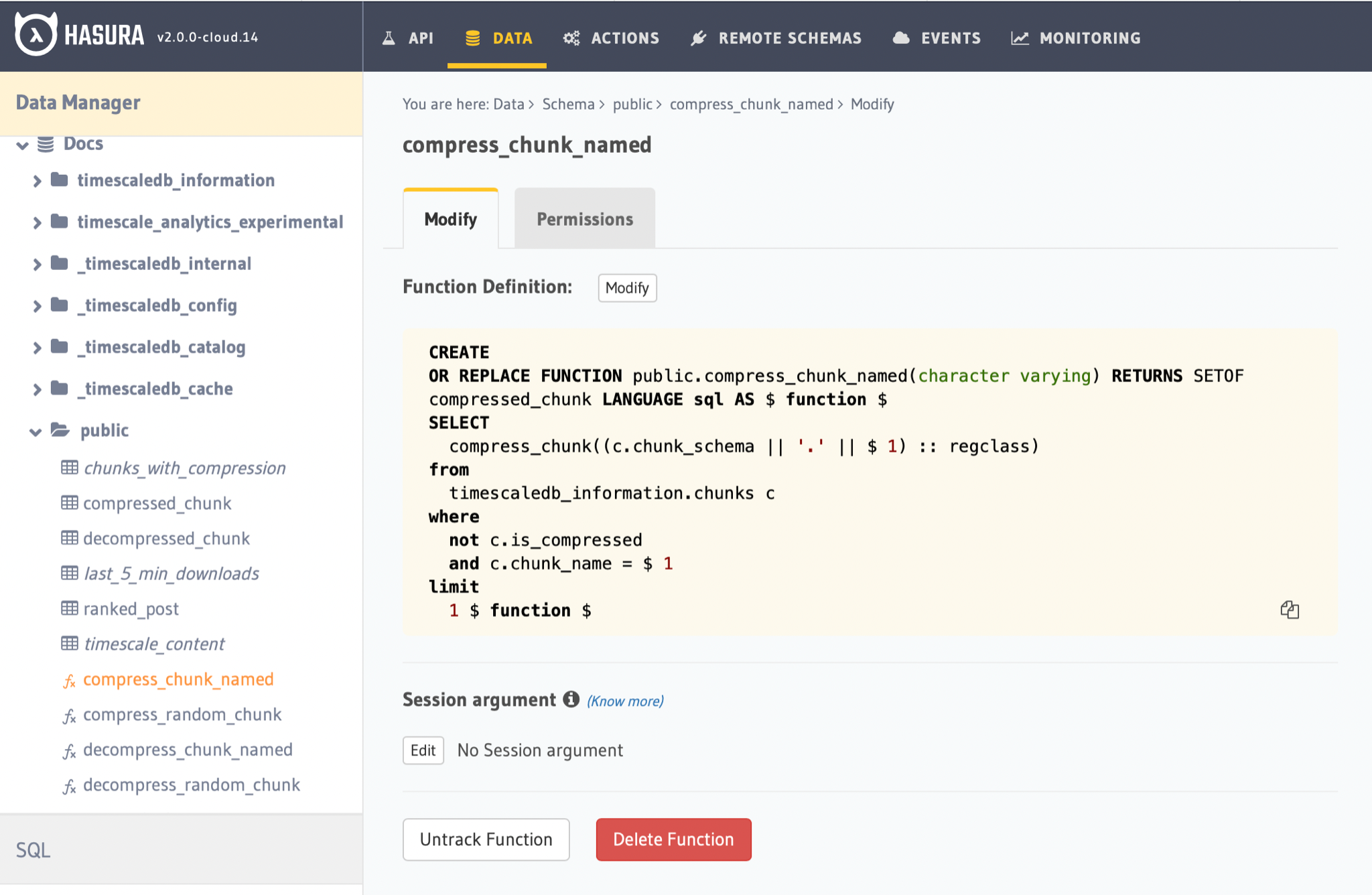 Tracking compress chunk mutation on Hasura cloud