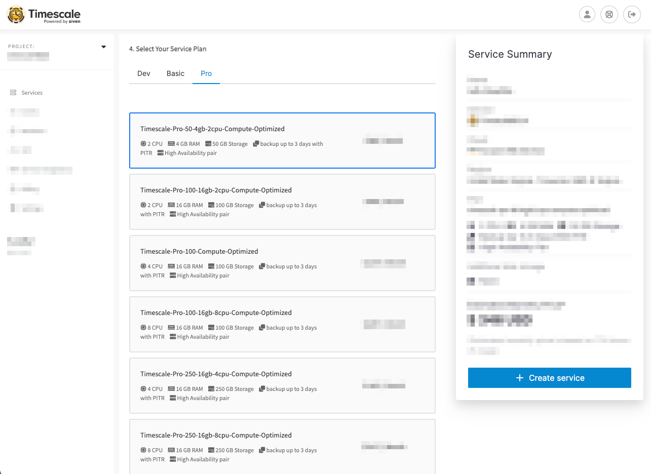 Managed Service for TimescaleDB selecting a service configuration plan